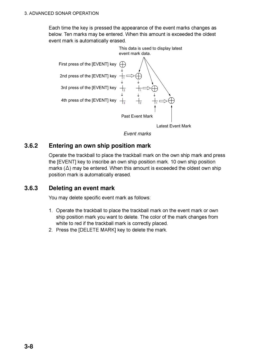 Furuno CSH-5L/CSH-8L manual Entering an own ship position mark, Deleting an event mark, Event marks 