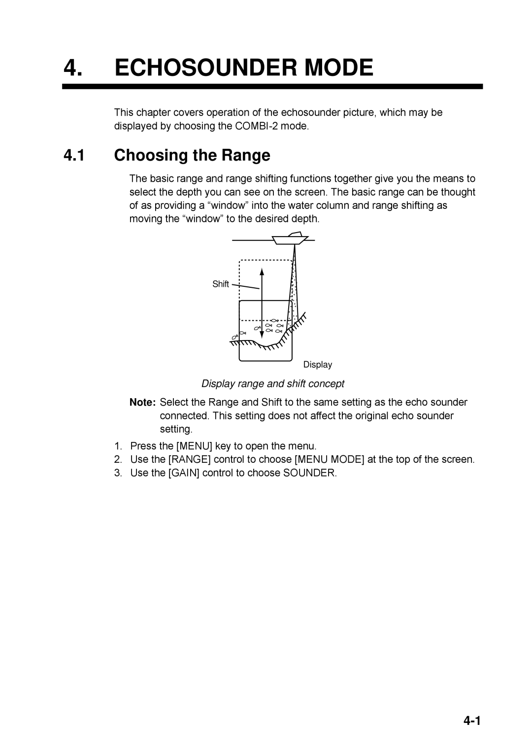 Furuno CSH-5L/CSH-8L manual Echosounder Mode, Choosing the Range, Display range and shift concept 