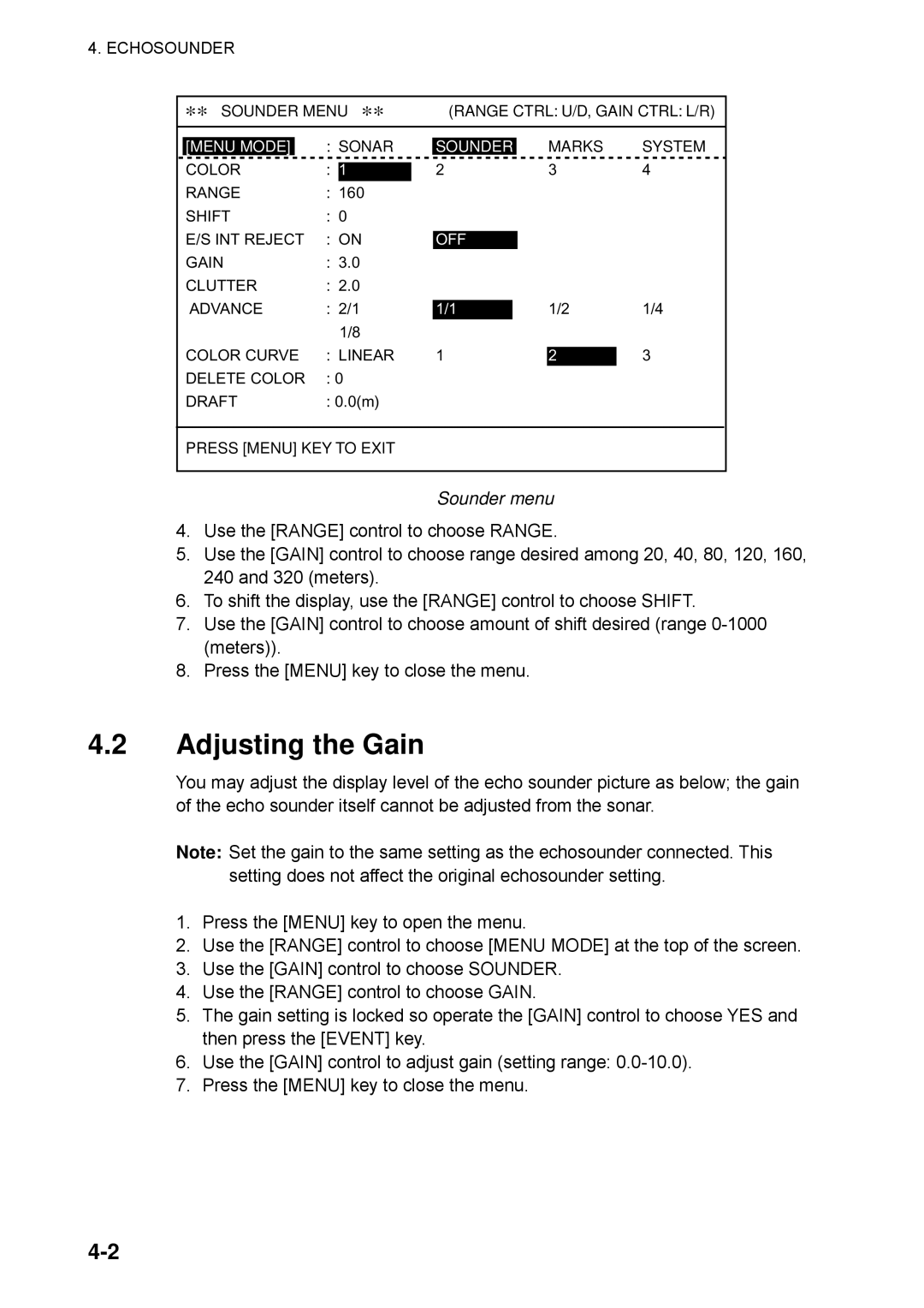 Furuno CSH-5L/CSH-8L manual Adjusting the Gain, Sounder menu 