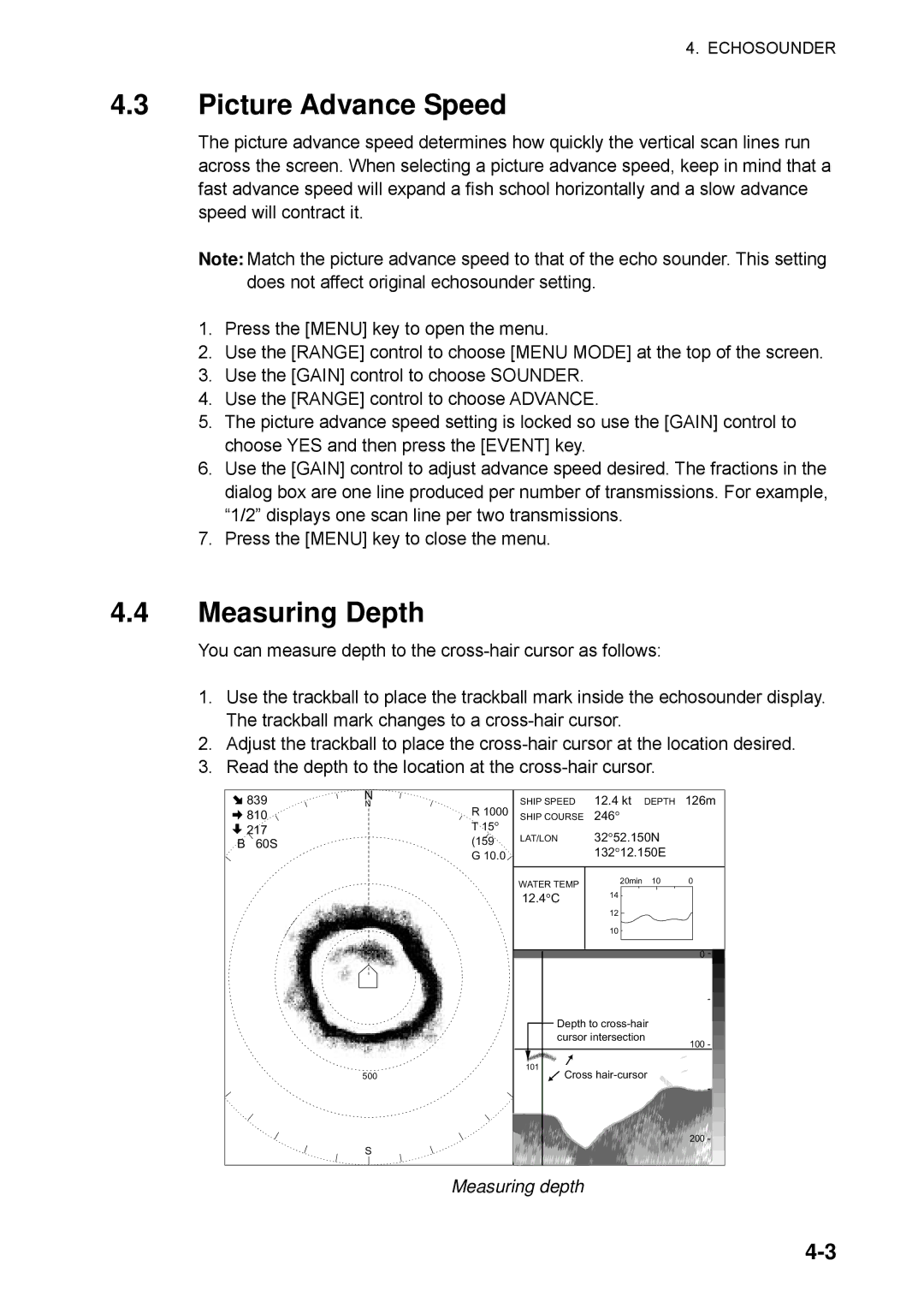 Furuno CSH-5L/CSH-8L manual Picture Advance Speed, Measuring Depth, Measuring depth 