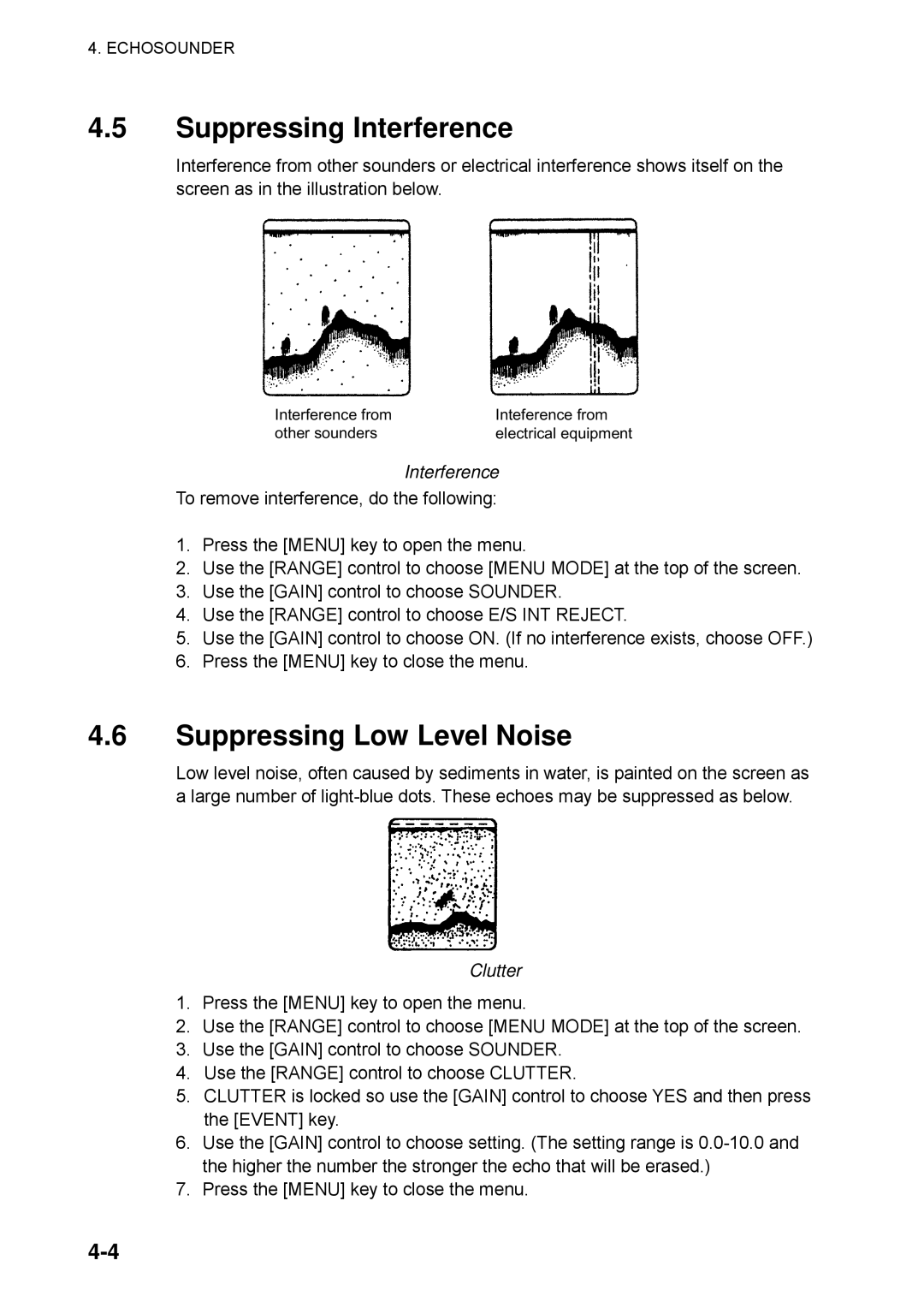 Furuno CSH-5L/CSH-8L manual Suppressing Interference, Suppressing Low Level Noise, Clutter 