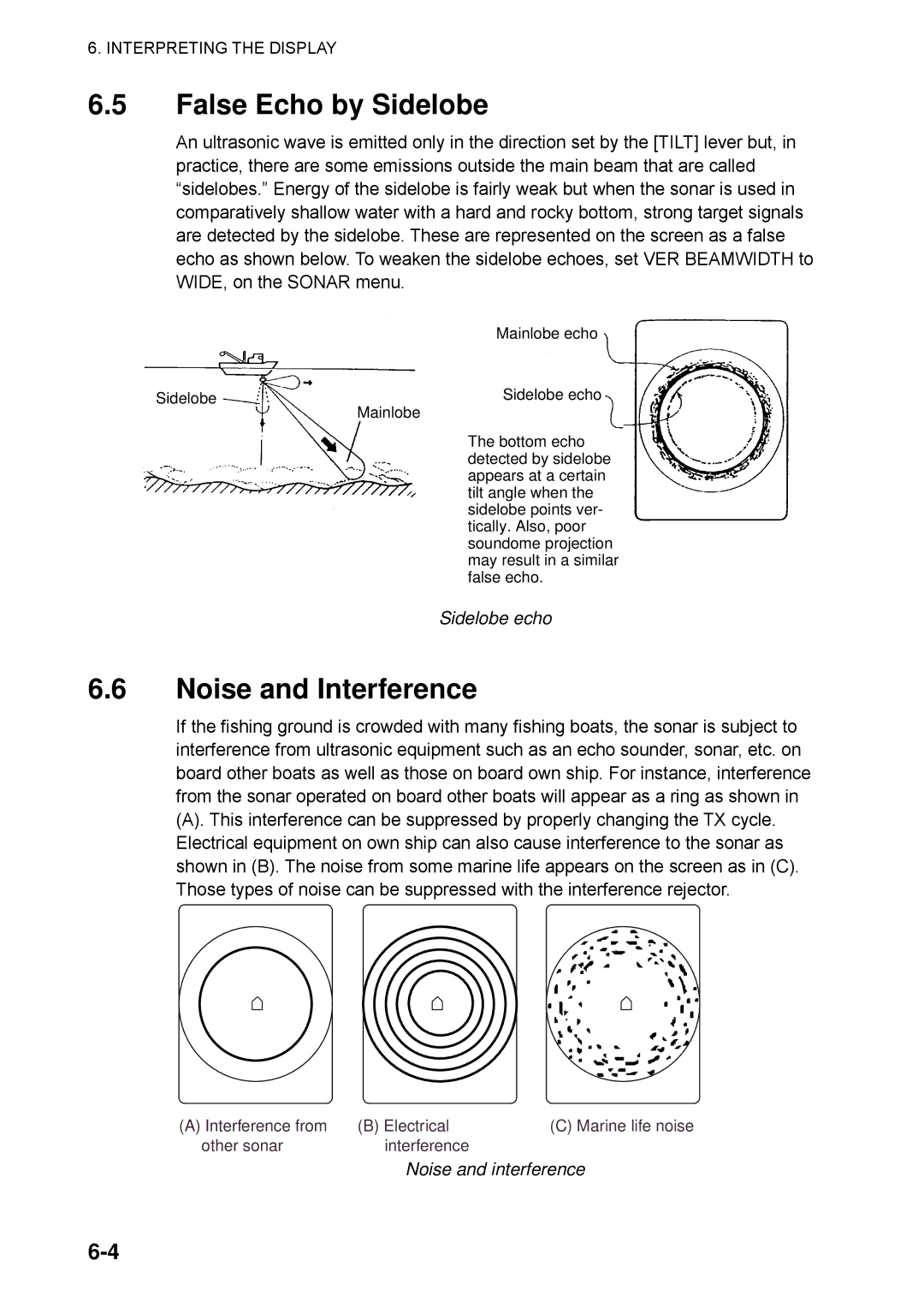 Furuno CSH-5L/CSH-8L manual False Echo by Sidelobe, Noise and Interference, Sidelobe echo, Noise and interference 