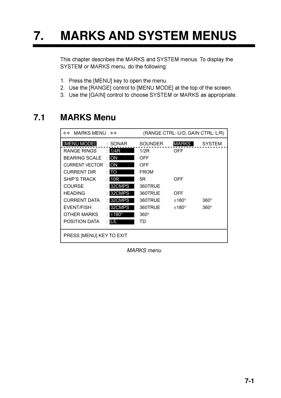 Furuno CSH-5L/CSH-8L manual Marks and System Menus, Marks Menu, Marks menu 