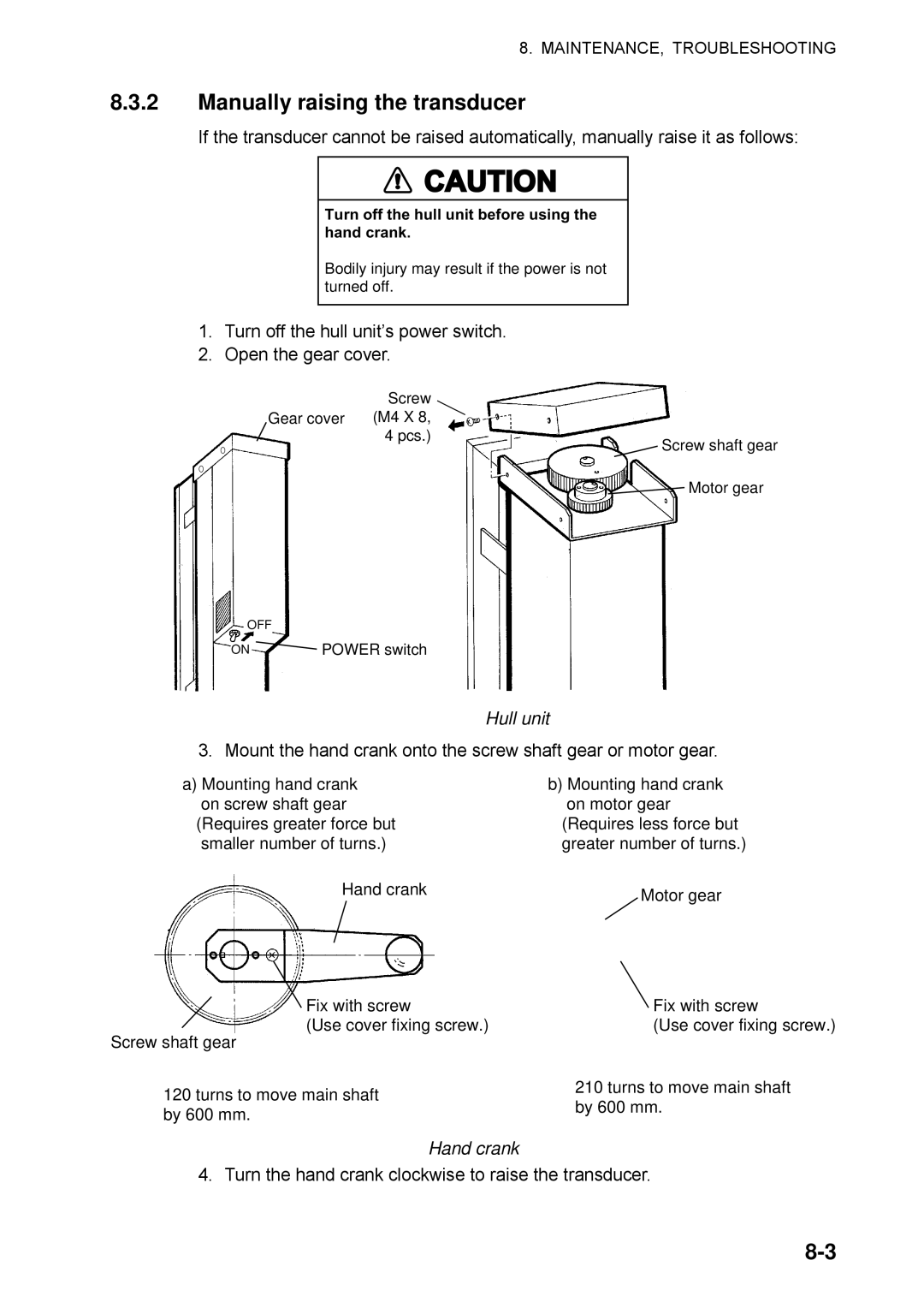 Furuno CSH-5L/CSH-8L manual Manually raising the transducer, Hull unit, Hand crank 