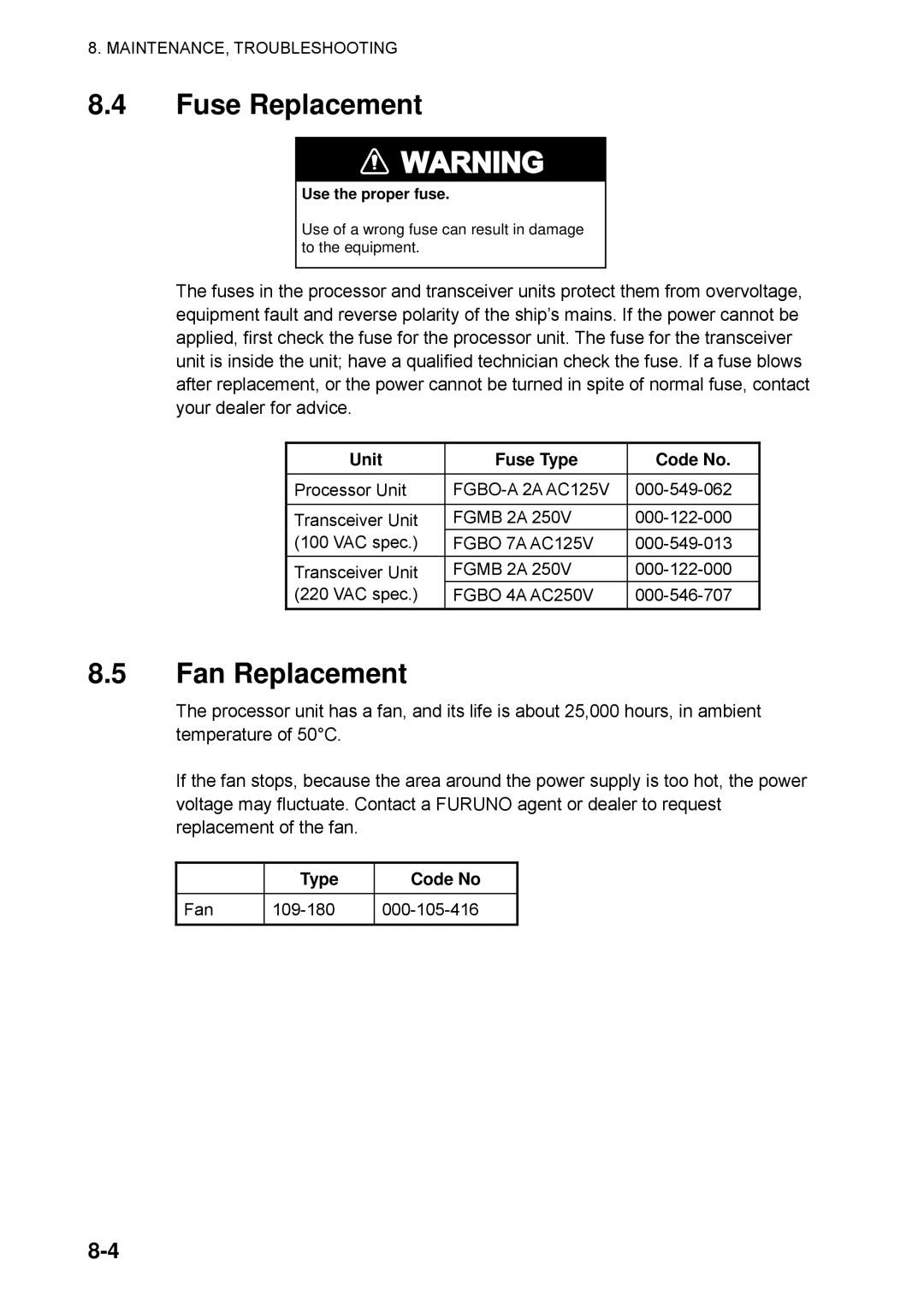 Furuno CSH-5L/CSH-8L manual Fuse Replacement, Fan Replacement, Unit Fuse Type Code No 