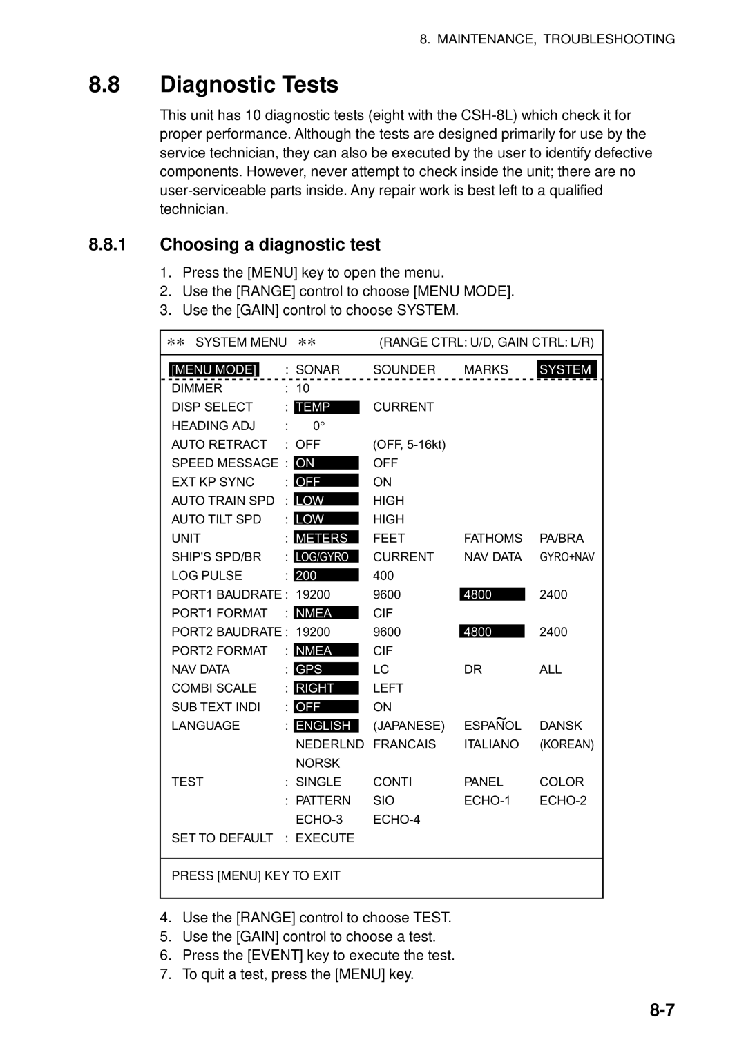 Furuno CSH-5L/CSH-8L manual Diagnostic Tests, Choosing a diagnostic test 