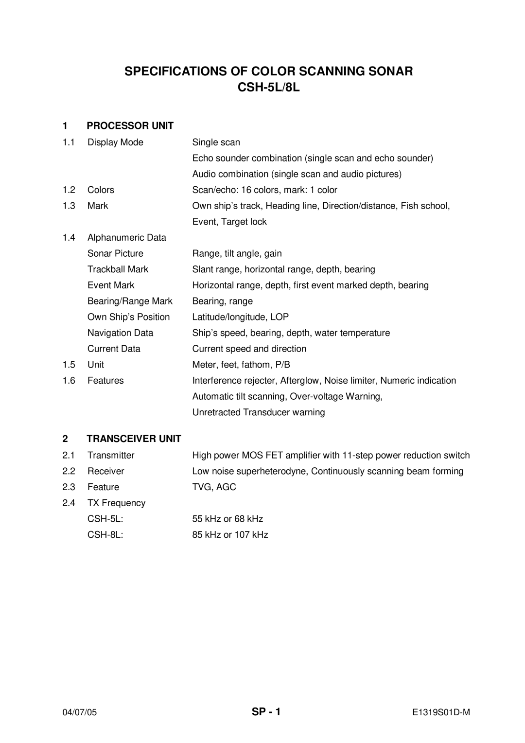 Furuno CSH-5L/CSH-8L manual Specifications of Color Scanning Sonar CSH-5L/8L 