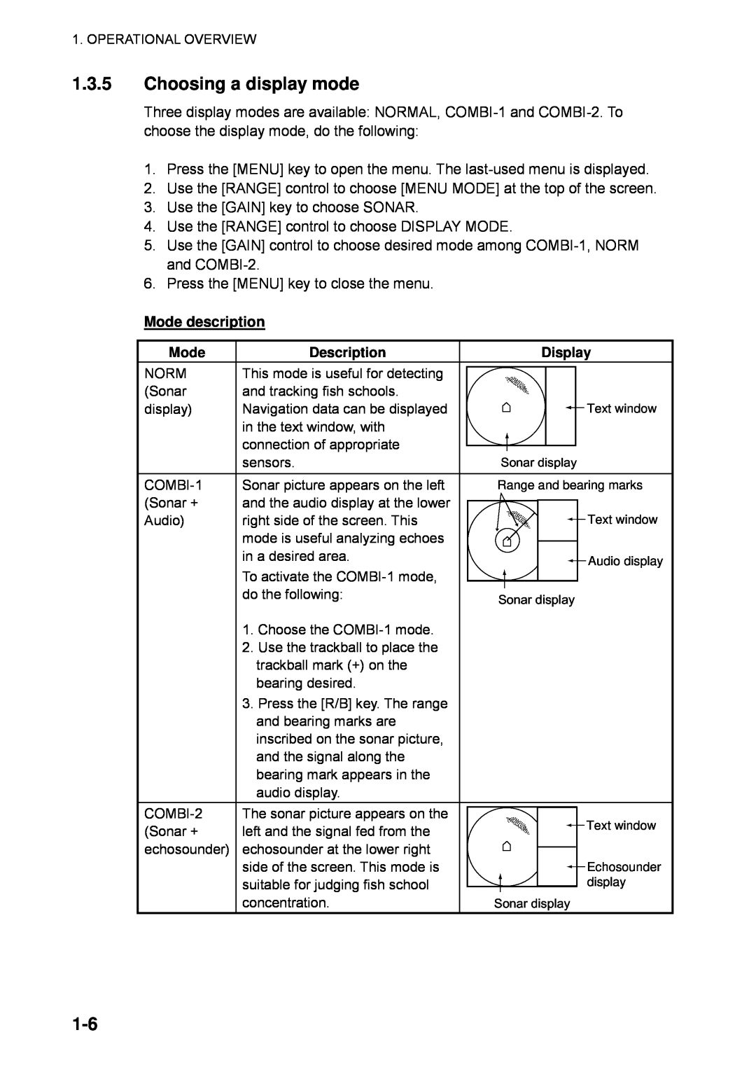 Furuno CSH-5L/CSH-8L manual Choosing a display mode, Mode description, Description, Display 