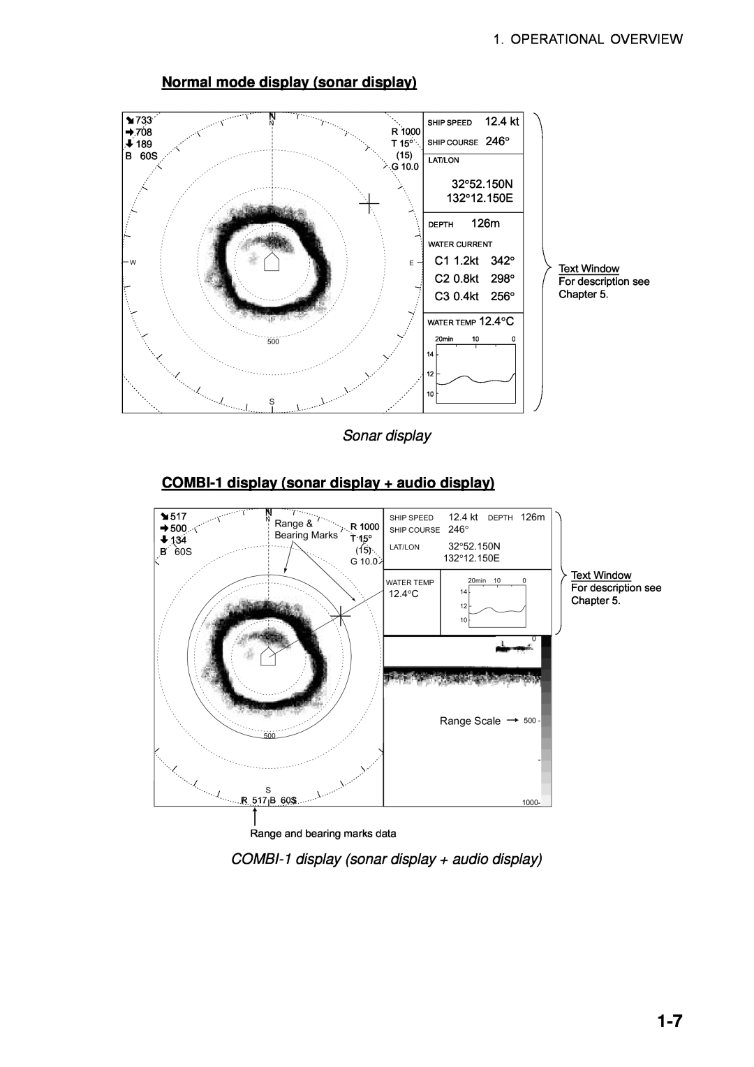 Furuno CSH-5L/CSH-8L Sonar display, COMBI-1 display sonar display + audio display, Text Window For description see Chapter 