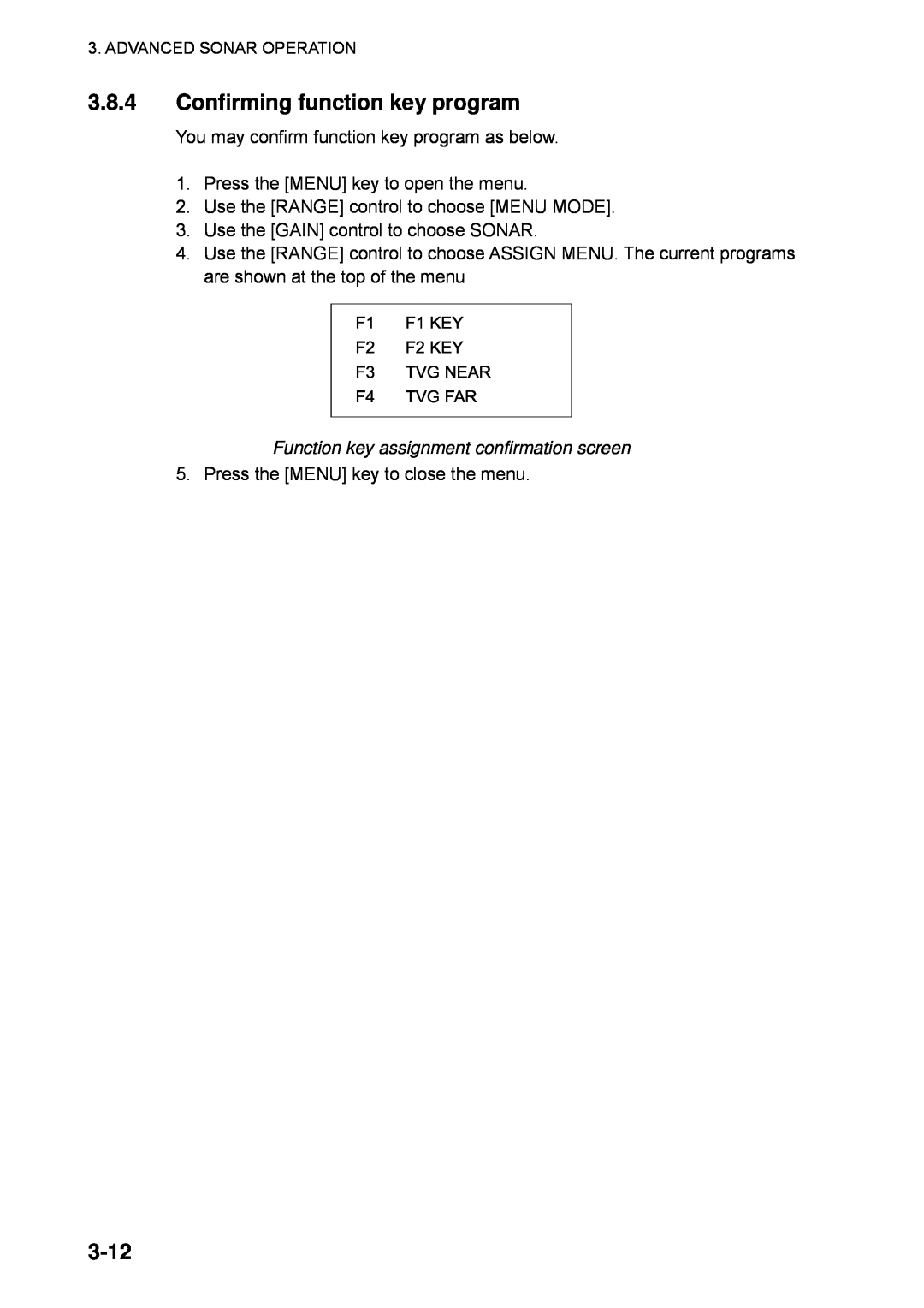 Furuno CSH-5L/CSH-8L manual Confirming function key program, 3-12, Function key assignment confirmation screen 