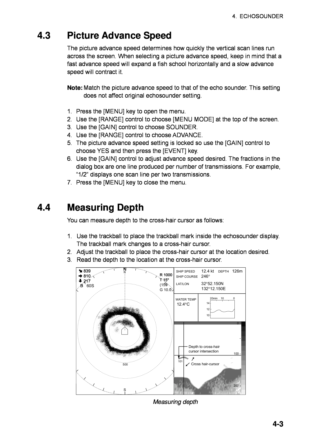 Furuno CSH-5L/CSH-8L manual Picture Advance Speed, Measuring Depth, Measuring depth 