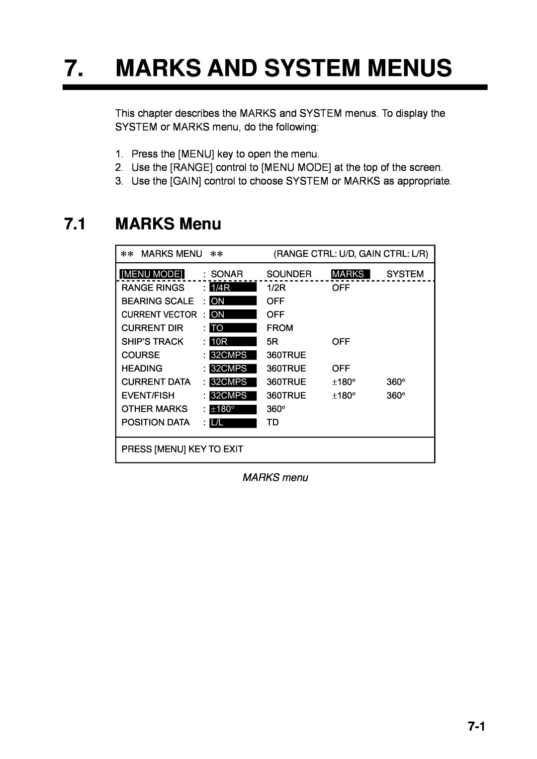 Furuno CSH-5L/CSH-8L manual Marks And System Menus, MARKS Menu, MARKS menu 