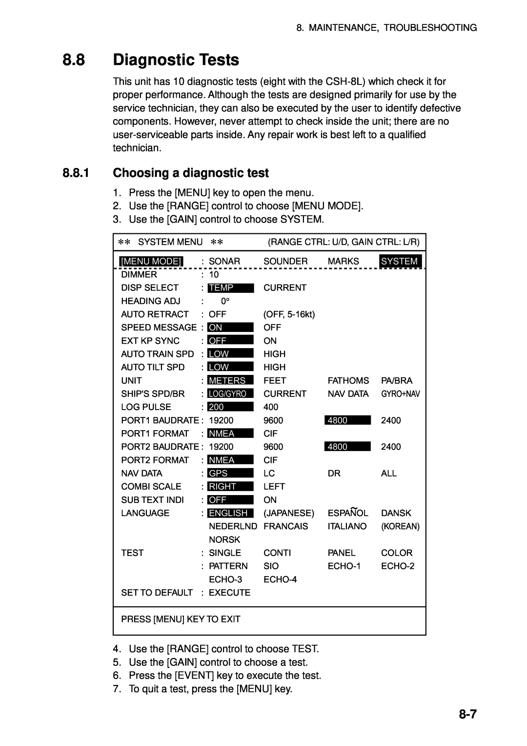 Furuno CSH-5L/CSH-8L manual Diagnostic Tests, Choosing a diagnostic test 
