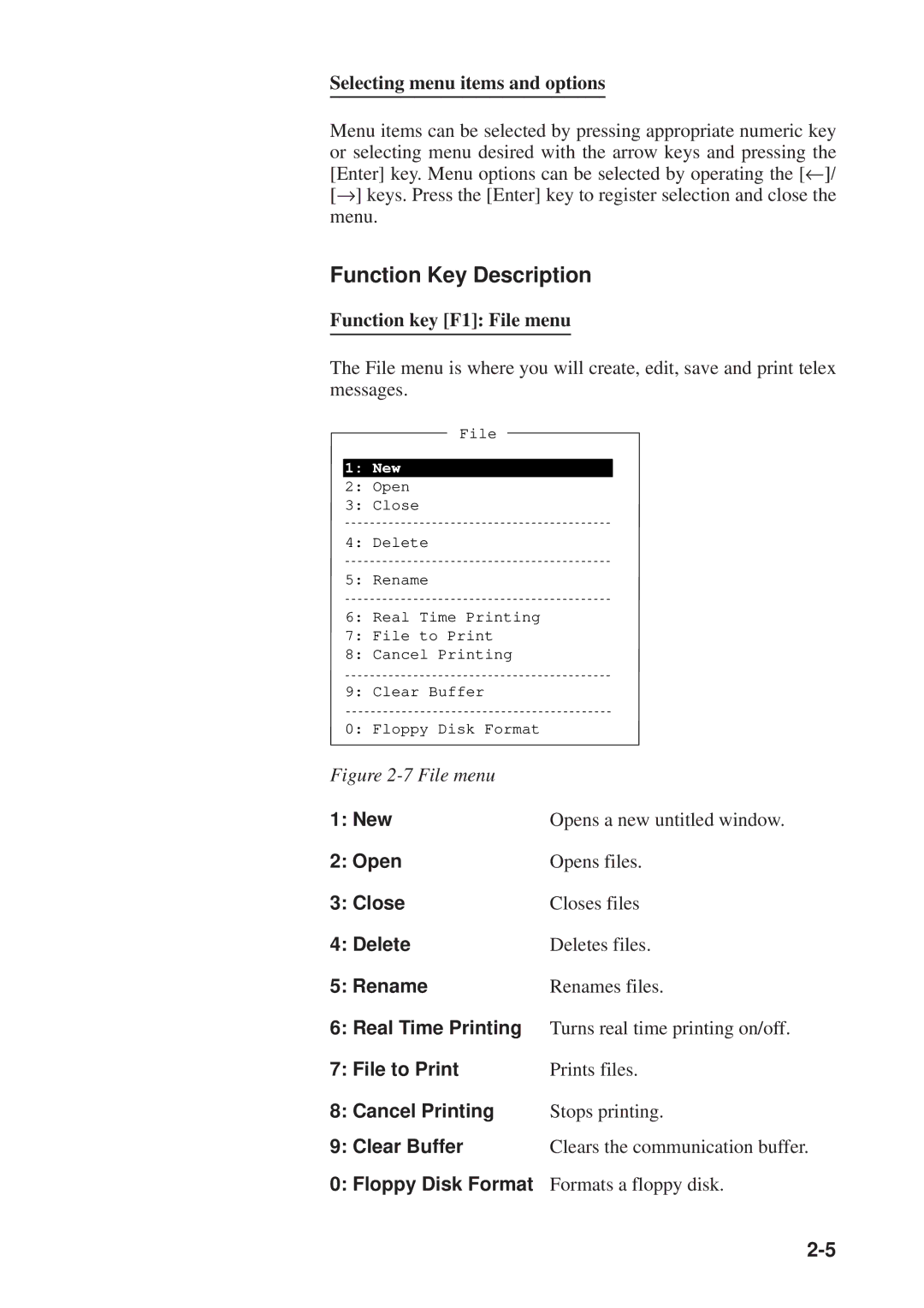 Furuno DP-6 manual Function Key Description, File to Print, Cancel Printing, Clear Buffer, Floppy Disk Format 