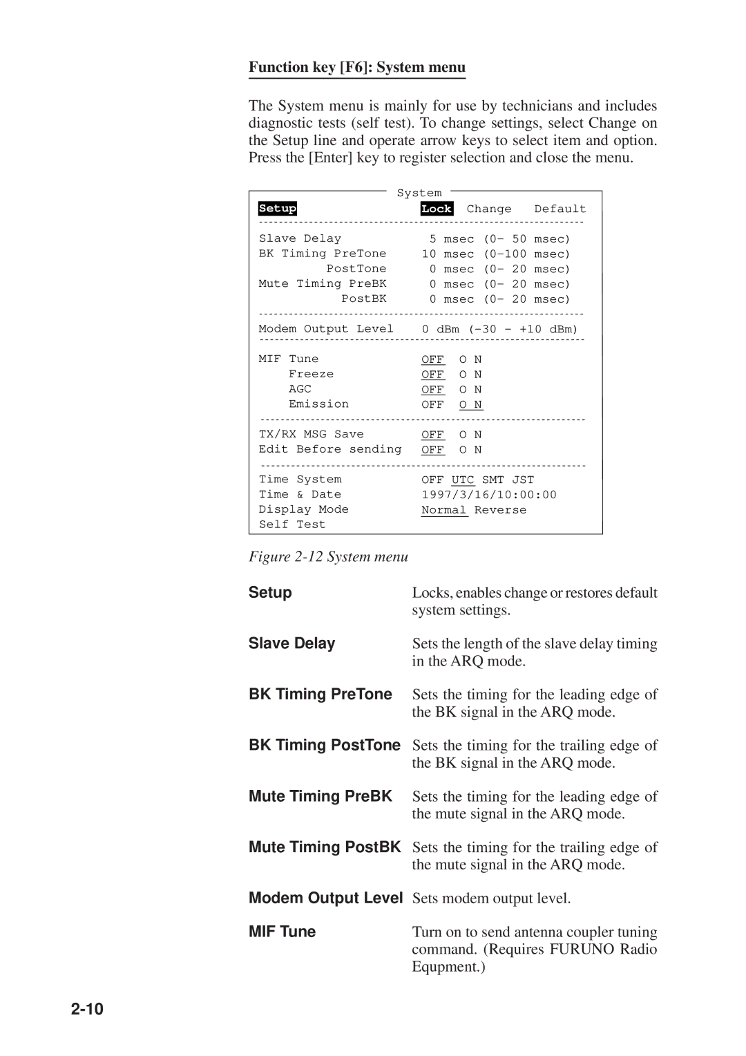 Furuno DP-6 Setup, Slave Delay, BK Timing PreTone, BK Timing PostTone, Mute Timing PreBK, Mute Timing PostBK, MIF Tune 