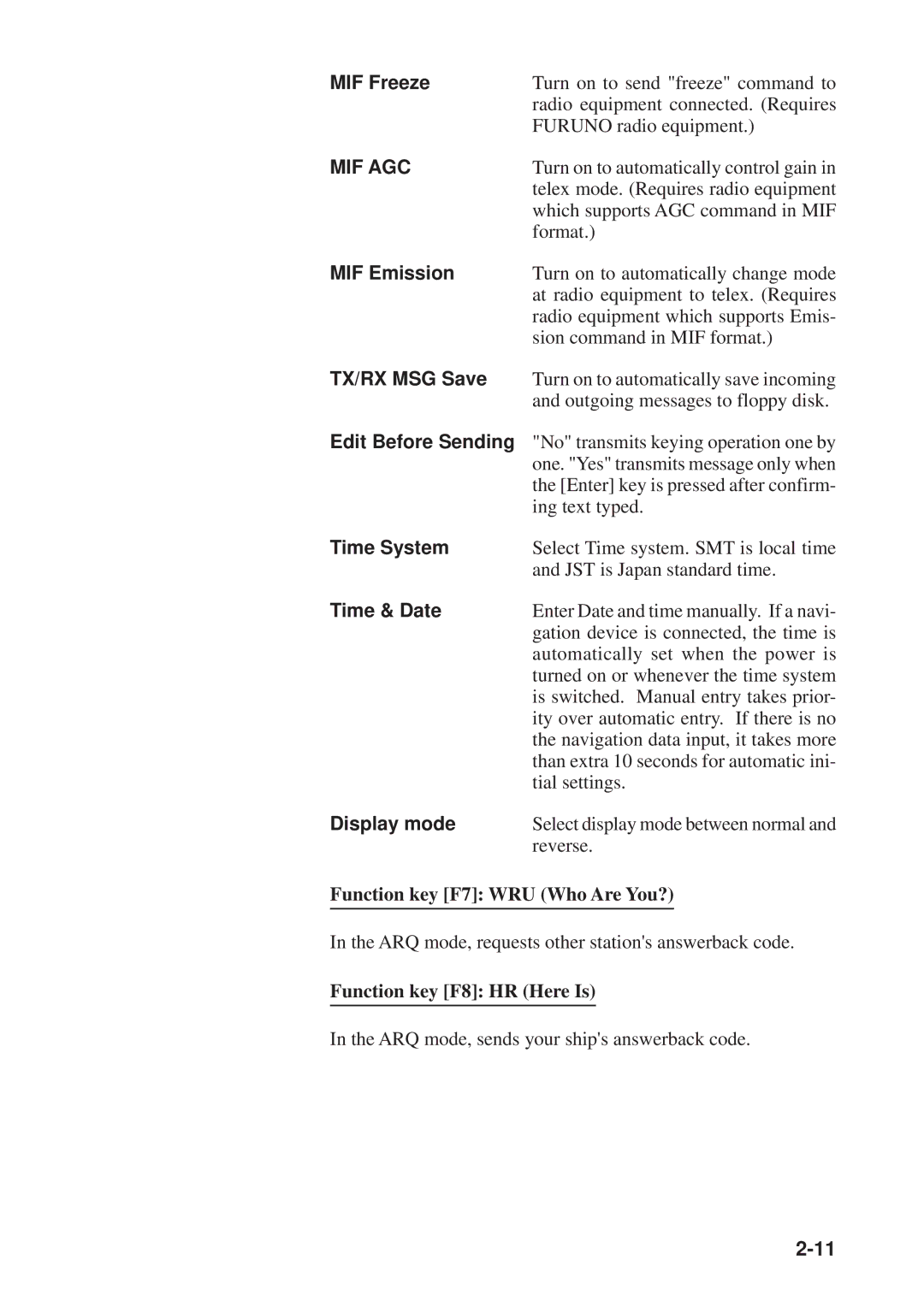 Furuno DP-6 manual MIF Freeze, MIF Emission, TX/RX MSG Save, Edit Before Sending, Time System, Time & Date, Display mode 
