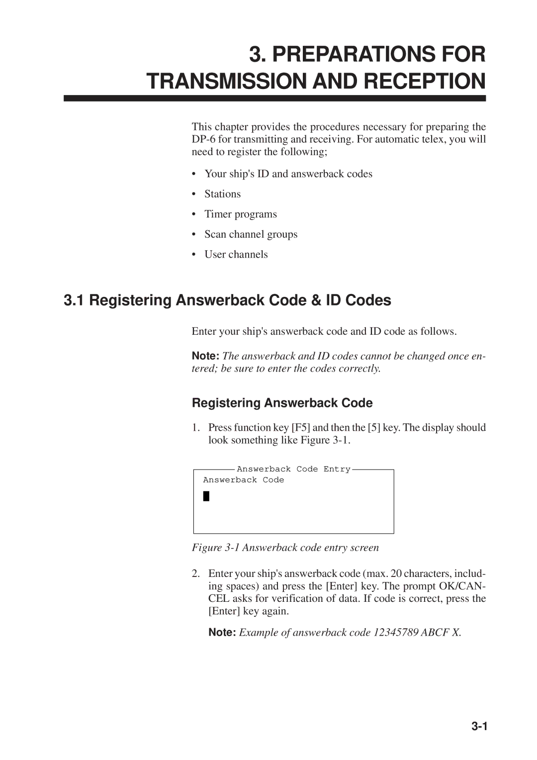 Furuno DP-6 manual Preparations for Transmission and Reception, Registering Answerback Code & ID Codes 