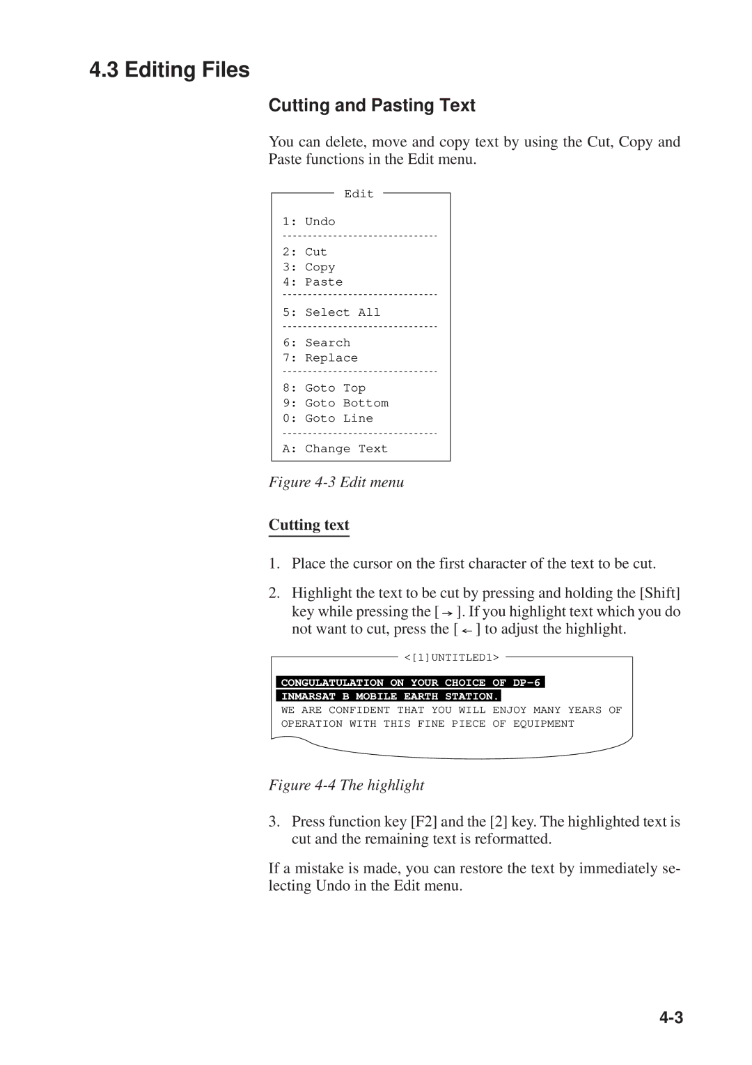 Furuno DP-6 manual Editing Files, Cutting and Pasting Text, Cutting text 