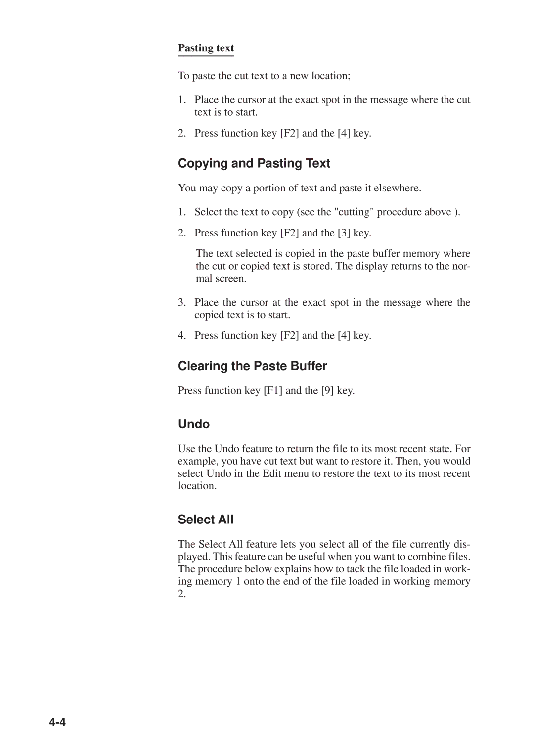 Furuno DP-6 manual Copying and Pasting Text, Clearing the Paste Buffer, Undo, Select All, Pasting text 