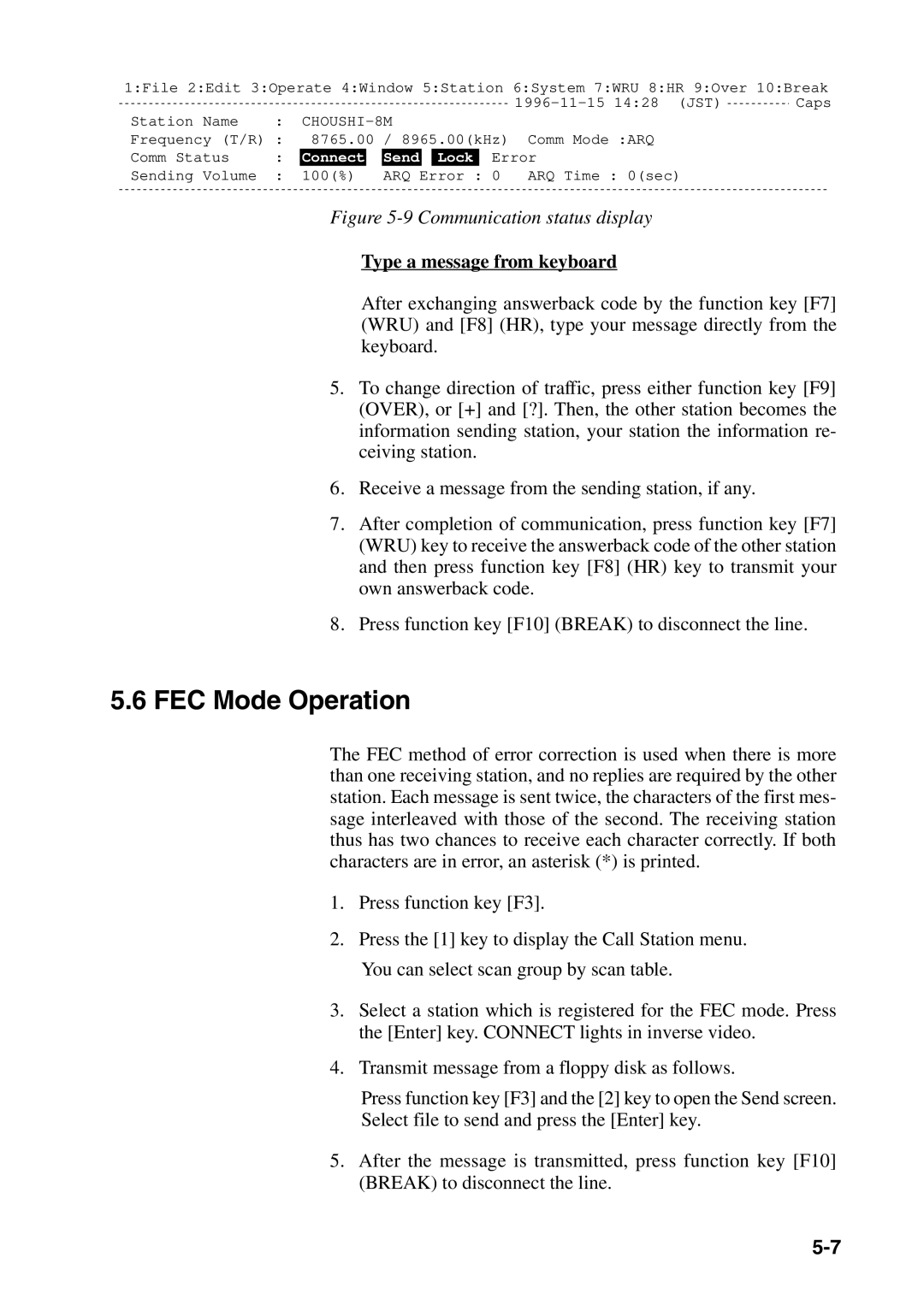 Furuno DP-6 manual FEC Mode Operation, Type a message from keyboard 