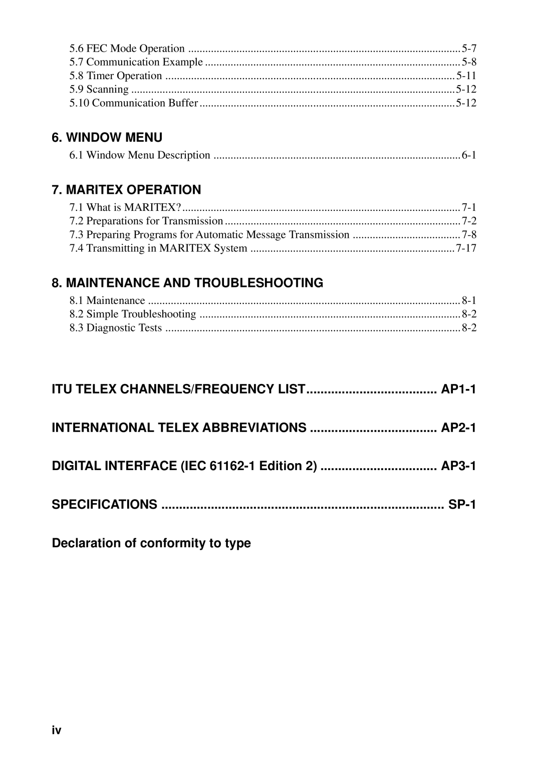 Furuno DP-6 manual SP-1, Declaration of conformity to type 