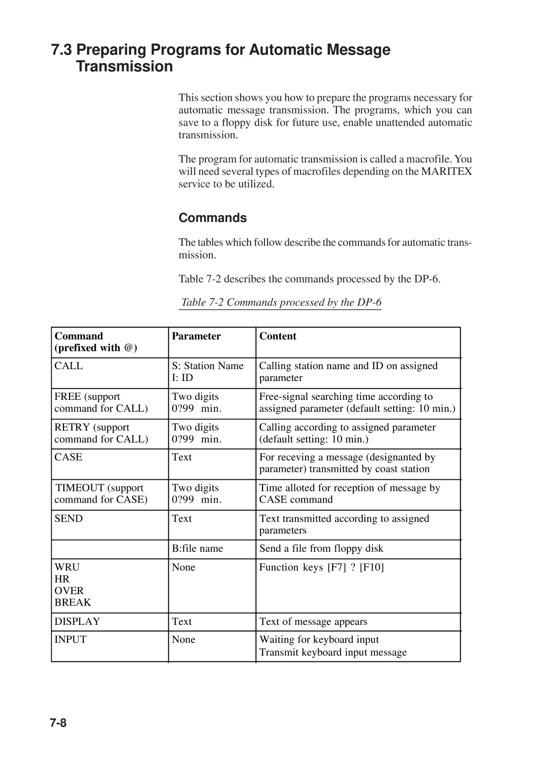 Furuno DP-6 manual Preparing Programs for Automatic Message Transmission, Commands 