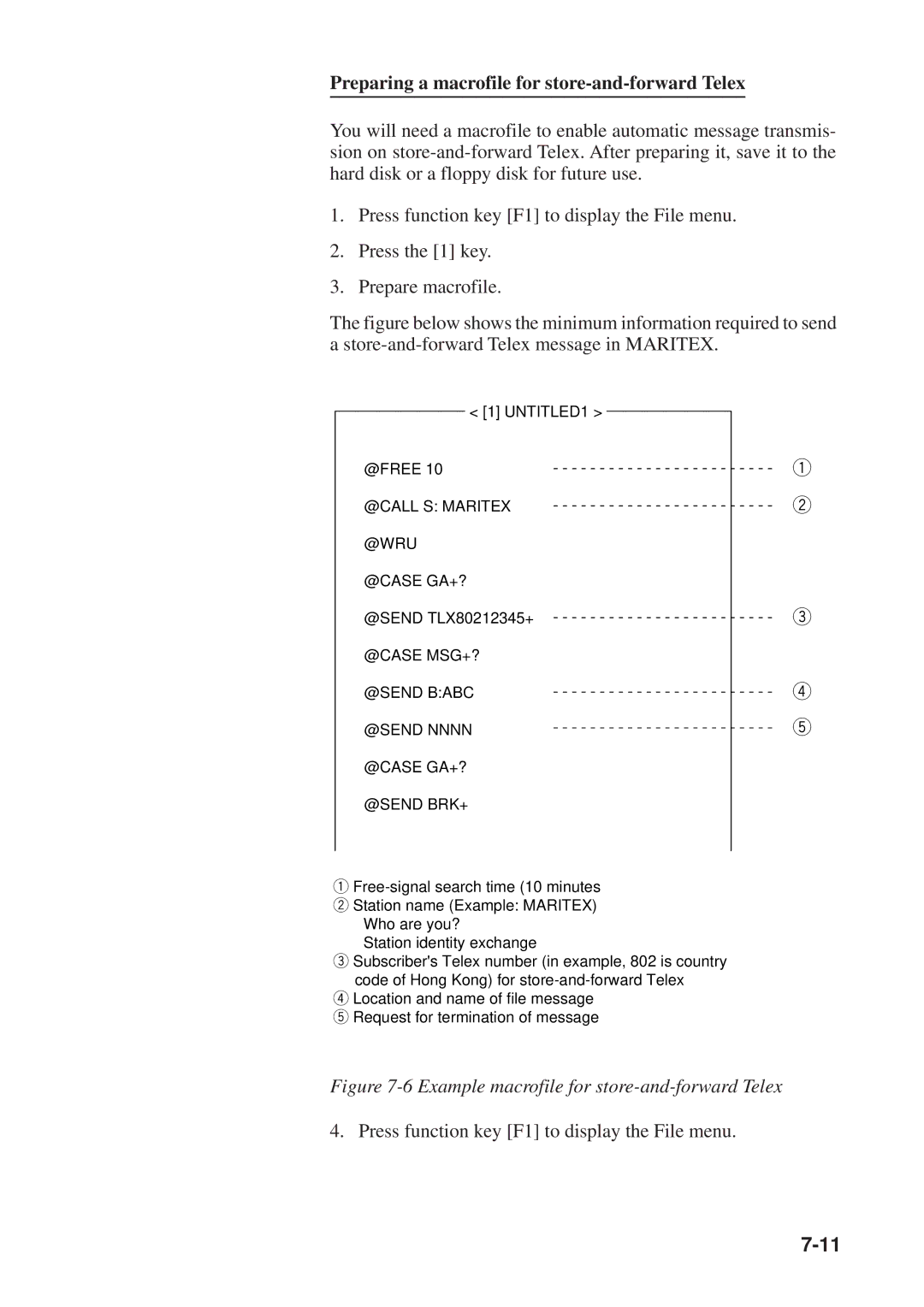 Furuno DP-6 Preparing a macrofile for store-and-forward Telex, @CASE MSG+? @SEND Babc @SEND Nnnn @CASE GA+? @SEND BRK+ 