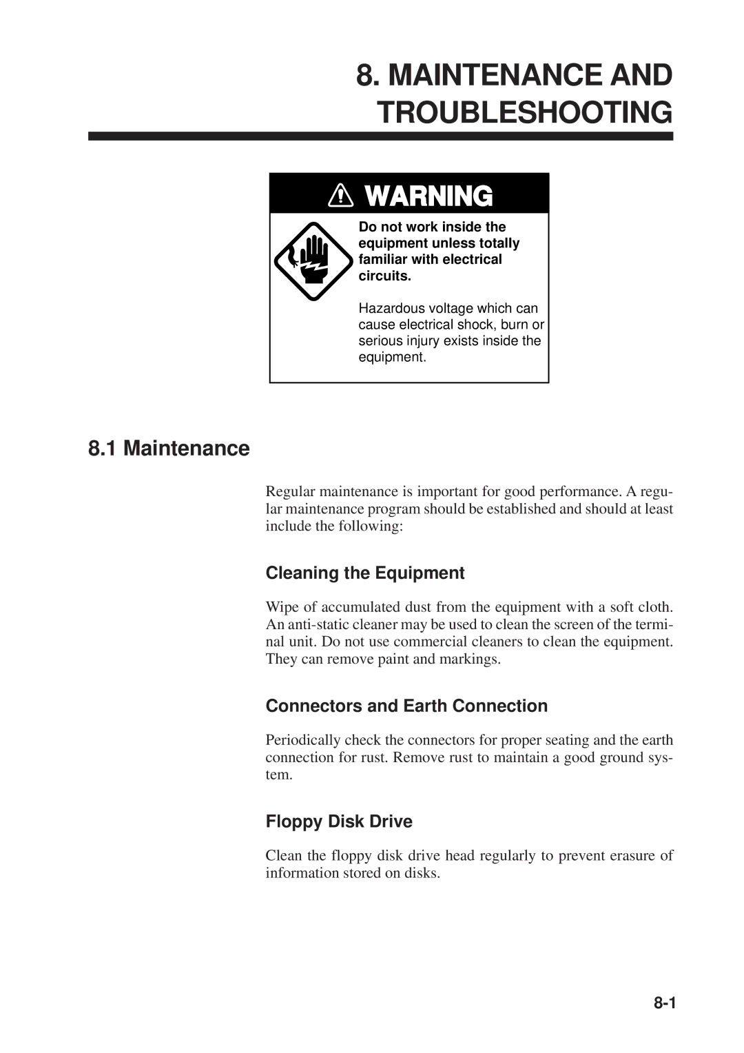 Furuno DP-6 Maintenance and Troubleshooting, Cleaning the Equipment, Connectors and Earth Connection, Floppy Disk Drive 