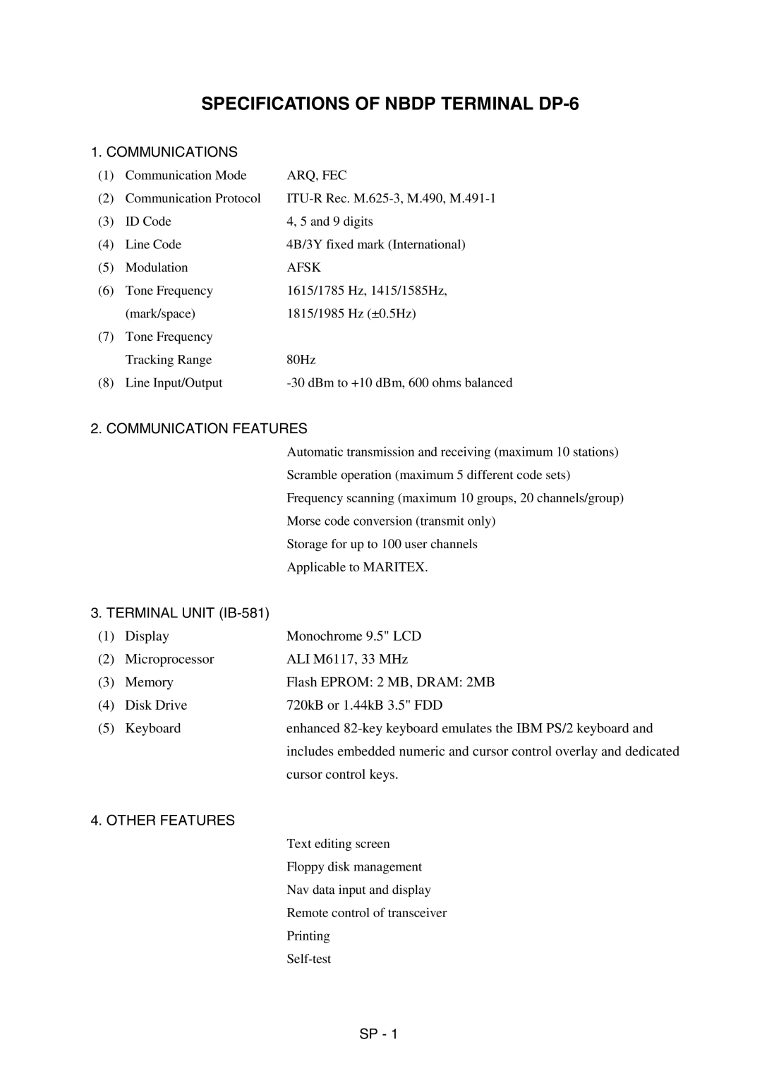 Furuno manual Specifications of Nbdp Terminal DP-6 