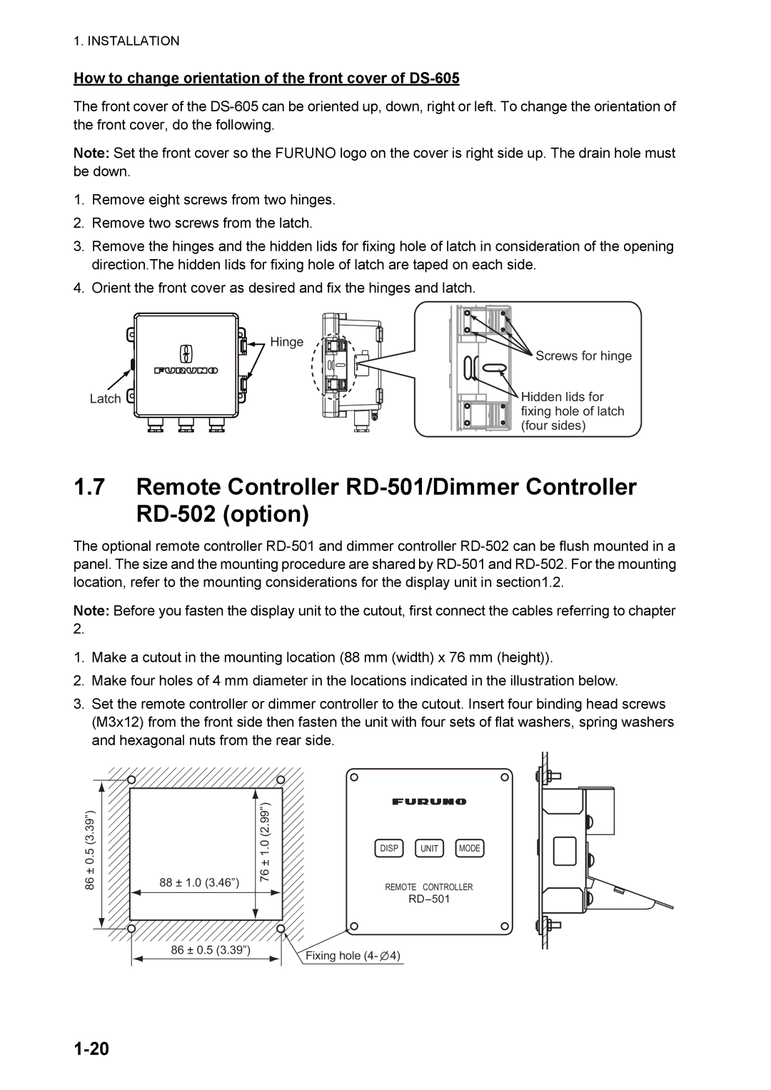 Furuno DS-60 installation manual Remote Controller RD-501/Dimmer Controller RD-502 option 