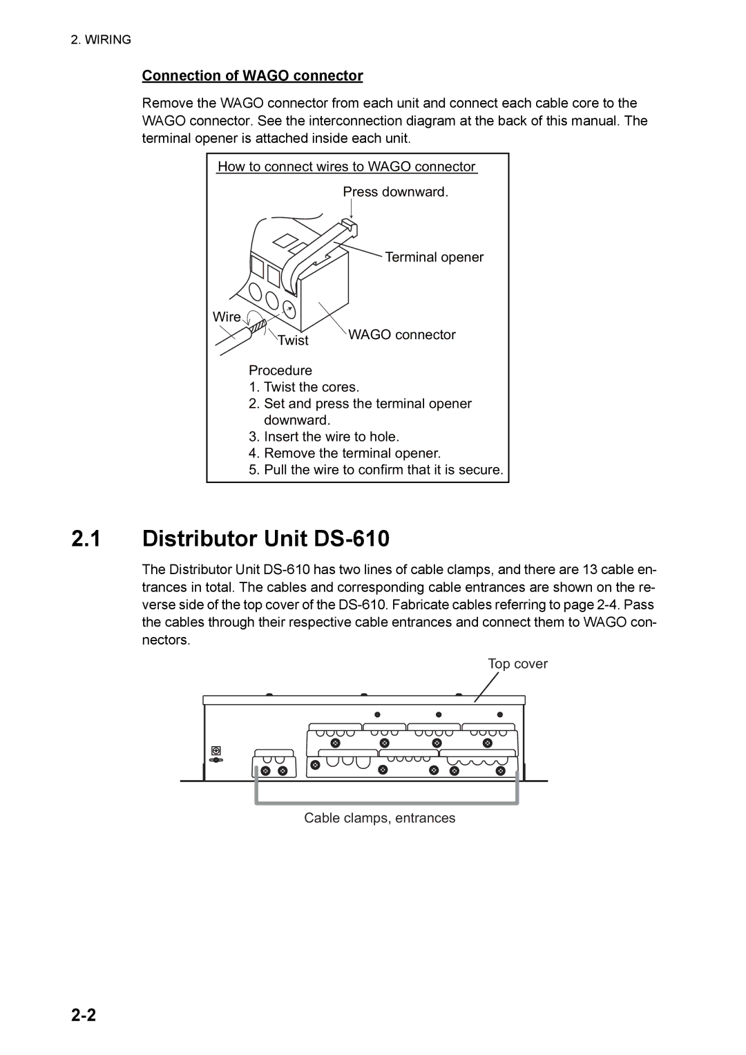 Furuno DS-60 installation manual Connection of Wago connector, Top cover Cable clamps, entrances 