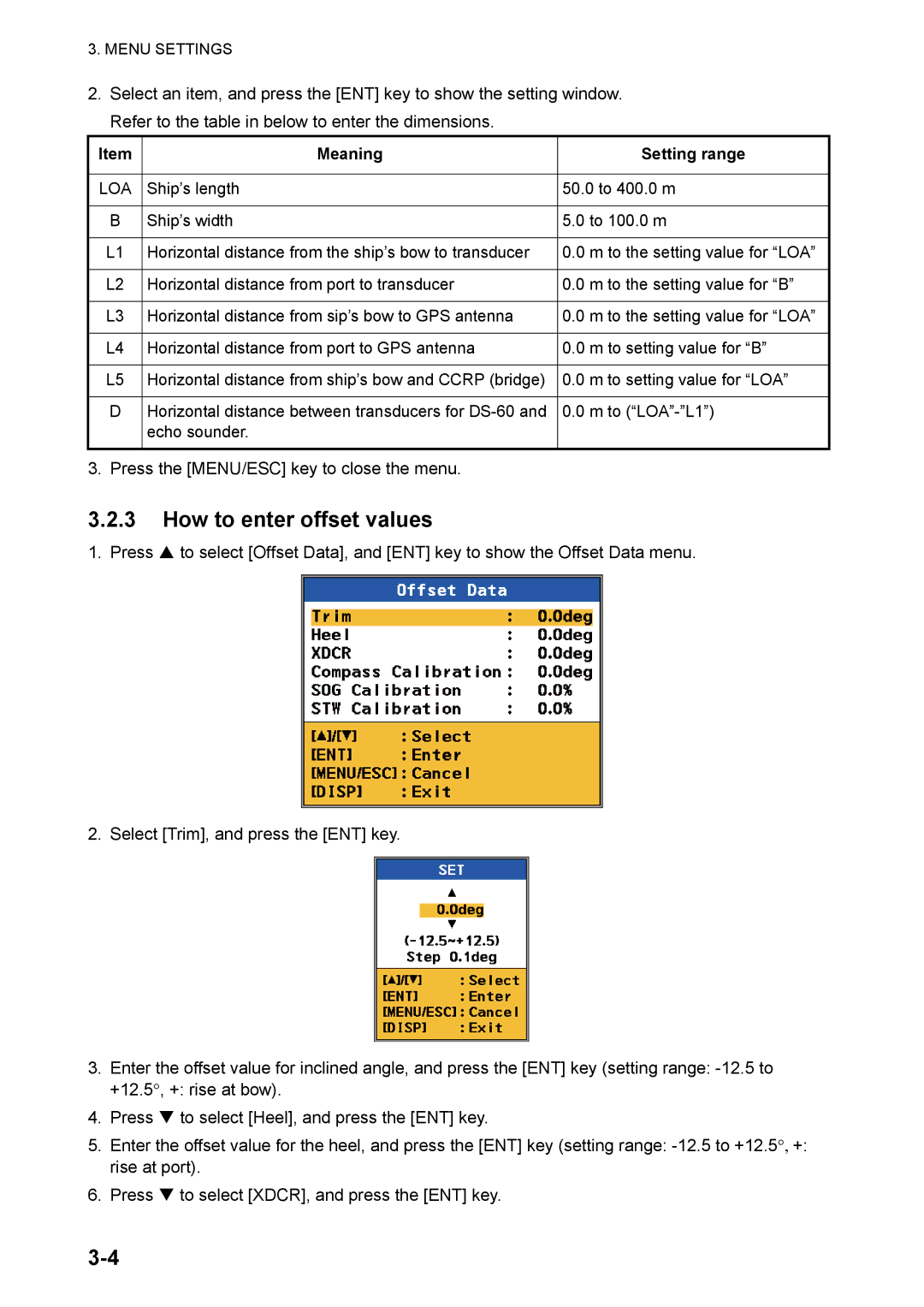 Furuno DS-60 installation manual How to enter offset values, Meaning Setting range 