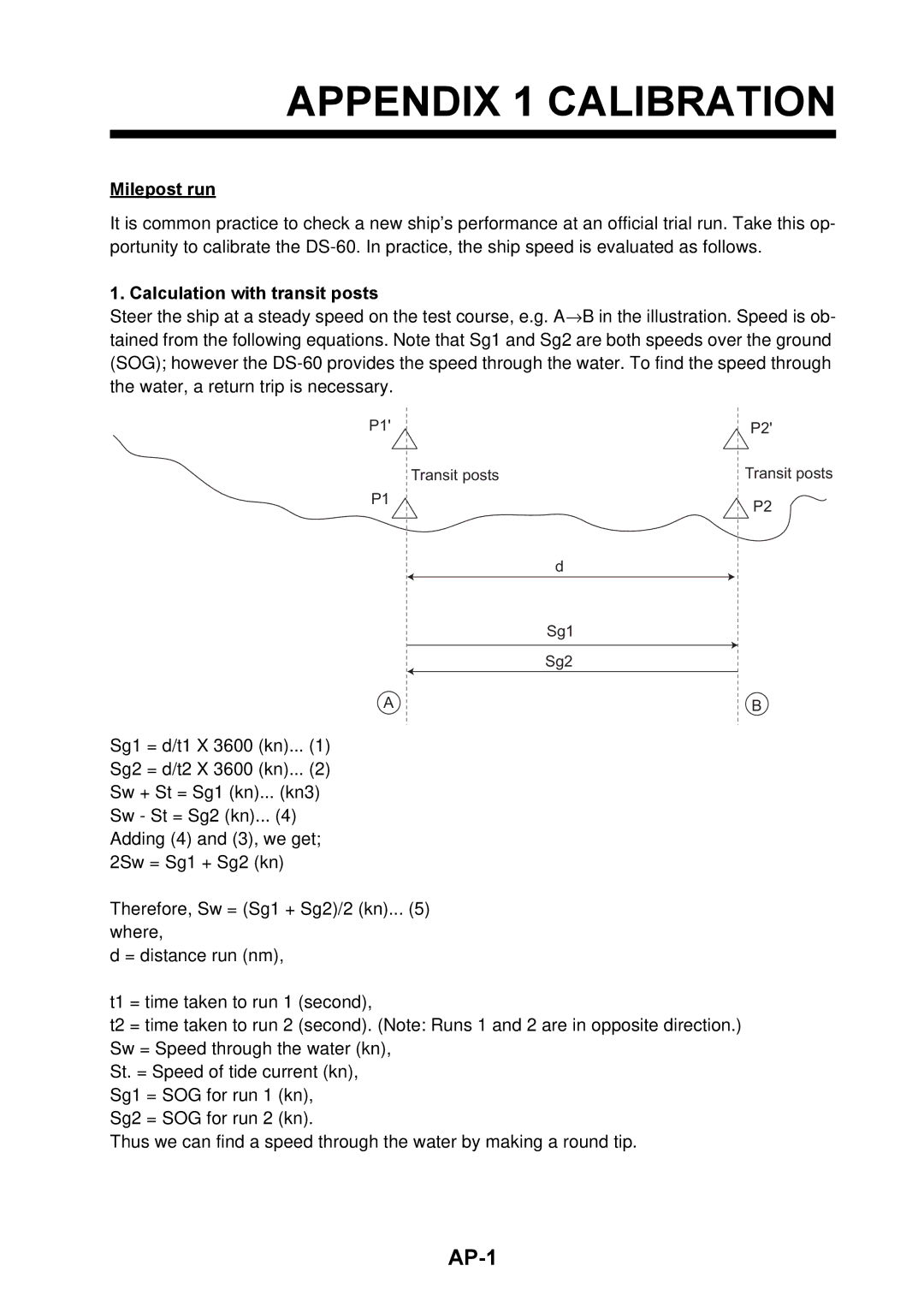 Furuno DS-60 installation manual AP-1, Milepost run, Calculation with transit posts 