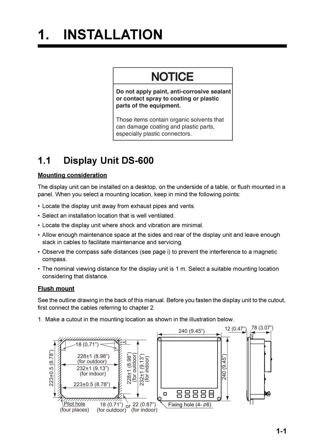 Furuno installation manual Display Unit DS-600, Mounting consideration, Flush mount 