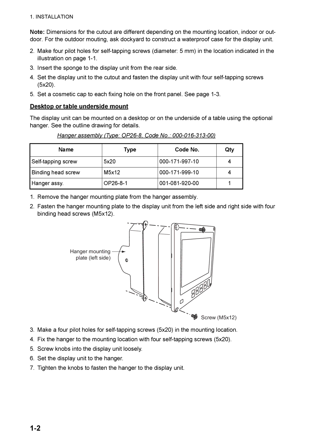 Furuno DS-60 installation manual Desktop or table underside mount, Hanger assembly Type OP26-8, Code No 