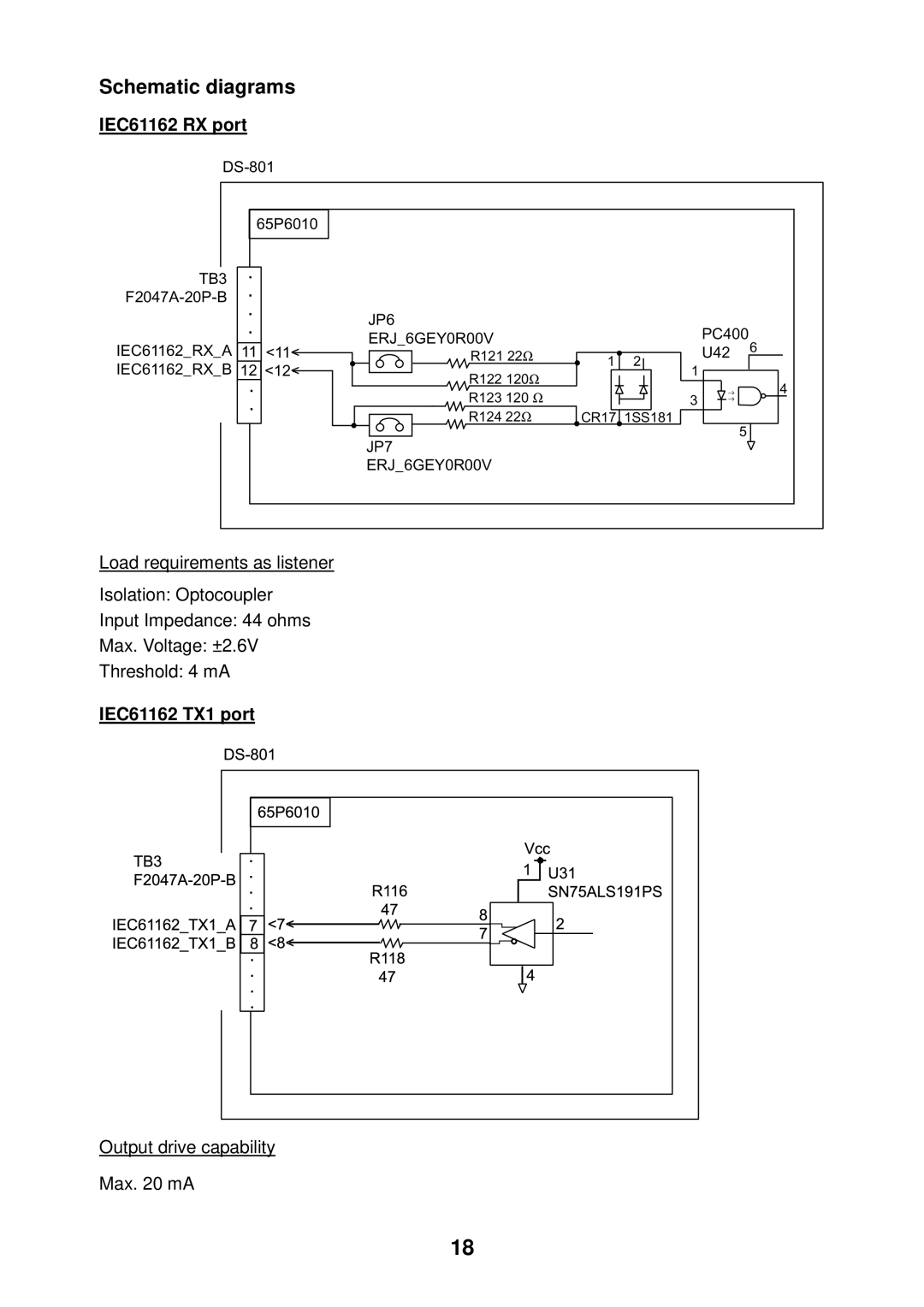 Furuno DS-80 manual Schematic diagrams, IEC61162 RX port, IEC61162 TX1 port, Output drive capability Max mA 