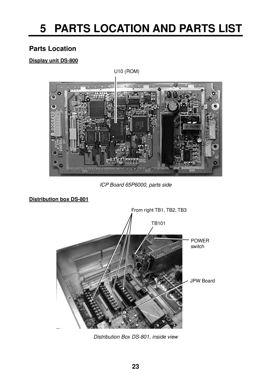 Furuno manual Parts Location and Parts List, Display unit DS-800, Distribution box DS-801 