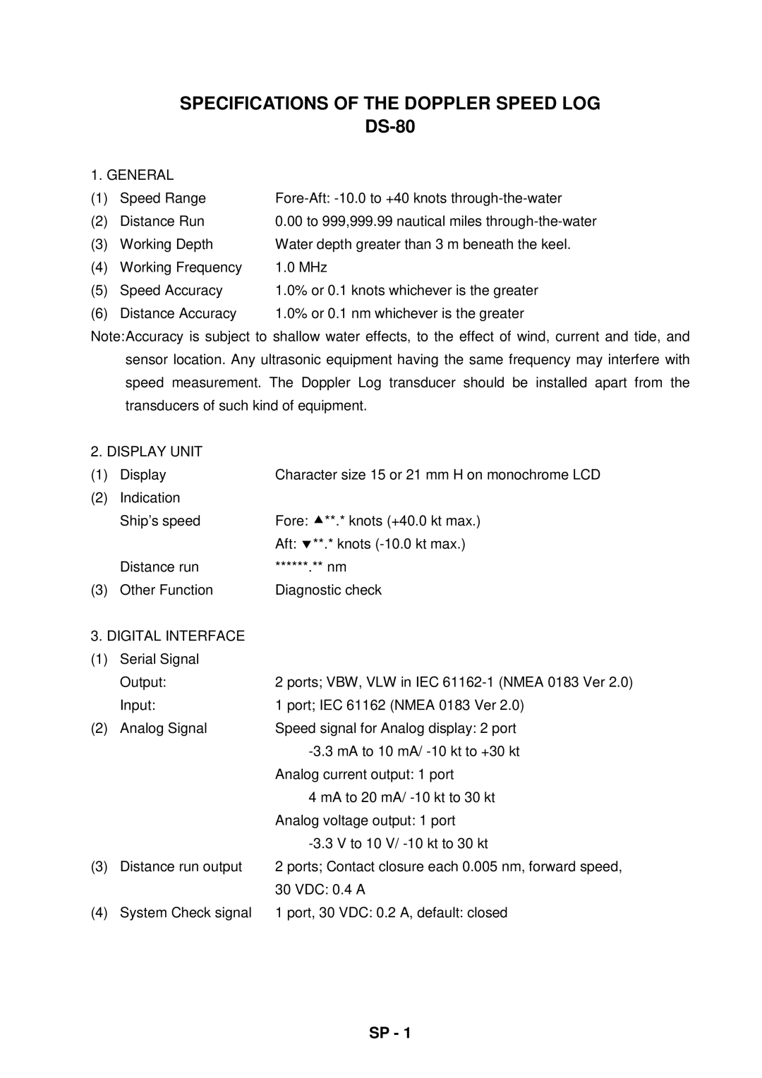 Furuno DS-80 manual Specifications of the Doppler Speed LOG 