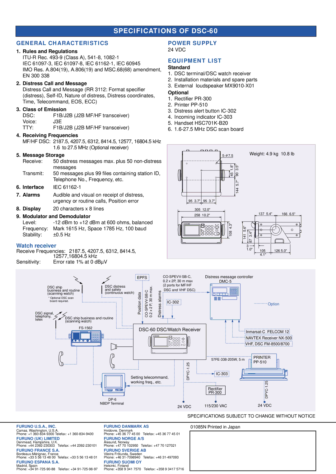 Furuno DSC-60 Rules and Regulations, Distress Call and Message, Class of Emission, Receiving Frequencies, Message Storage 