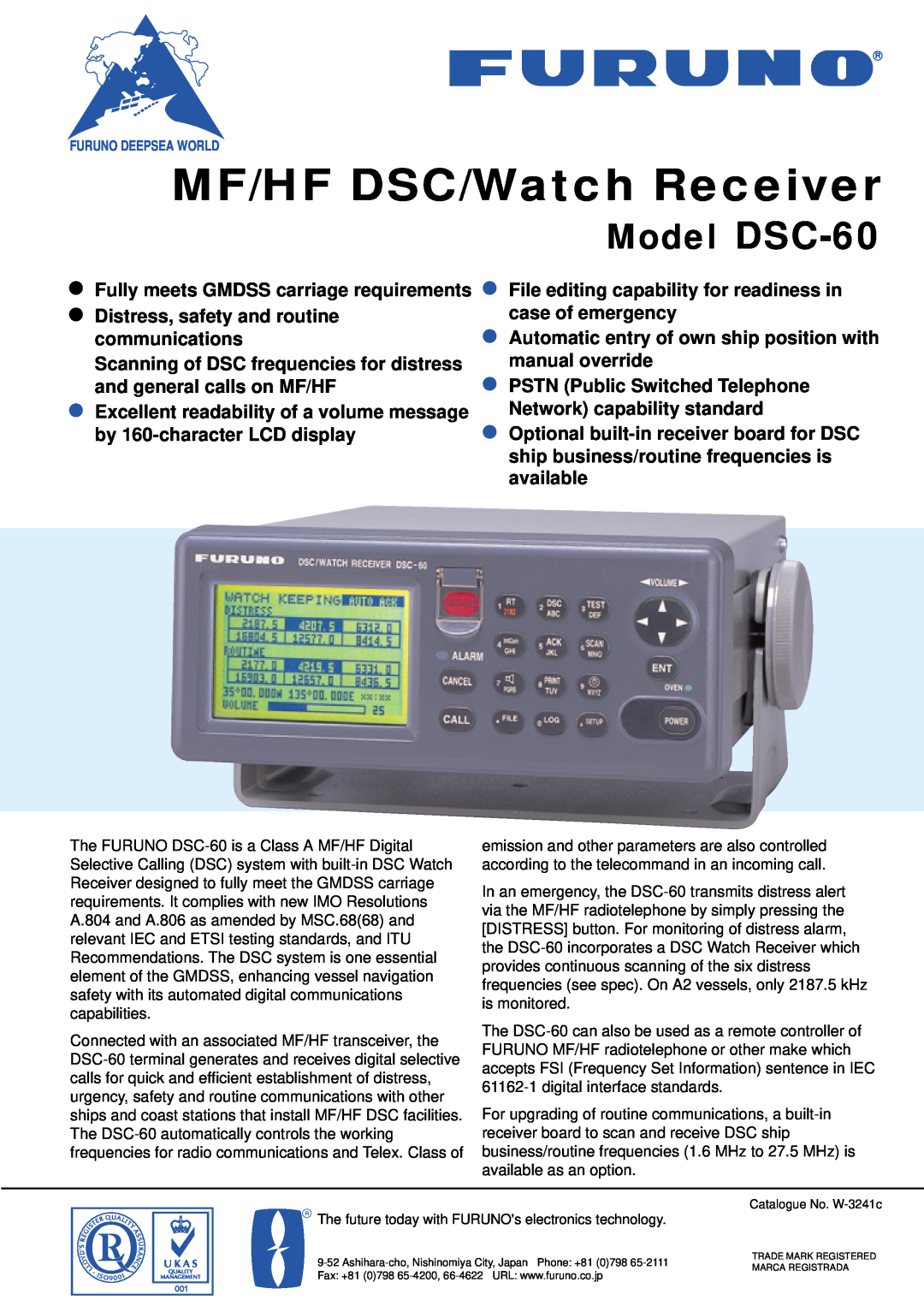 Furuno manual MF/HF DSC/Watch Receiver, Model DSC-60 