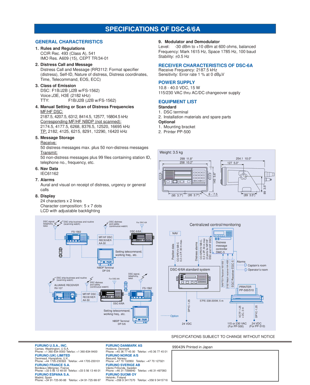 Furuno DSC-6/6A Rules and Regulations Ccir Rec Class a, Distress Call and Message, Class of Emission, Display, Standard 