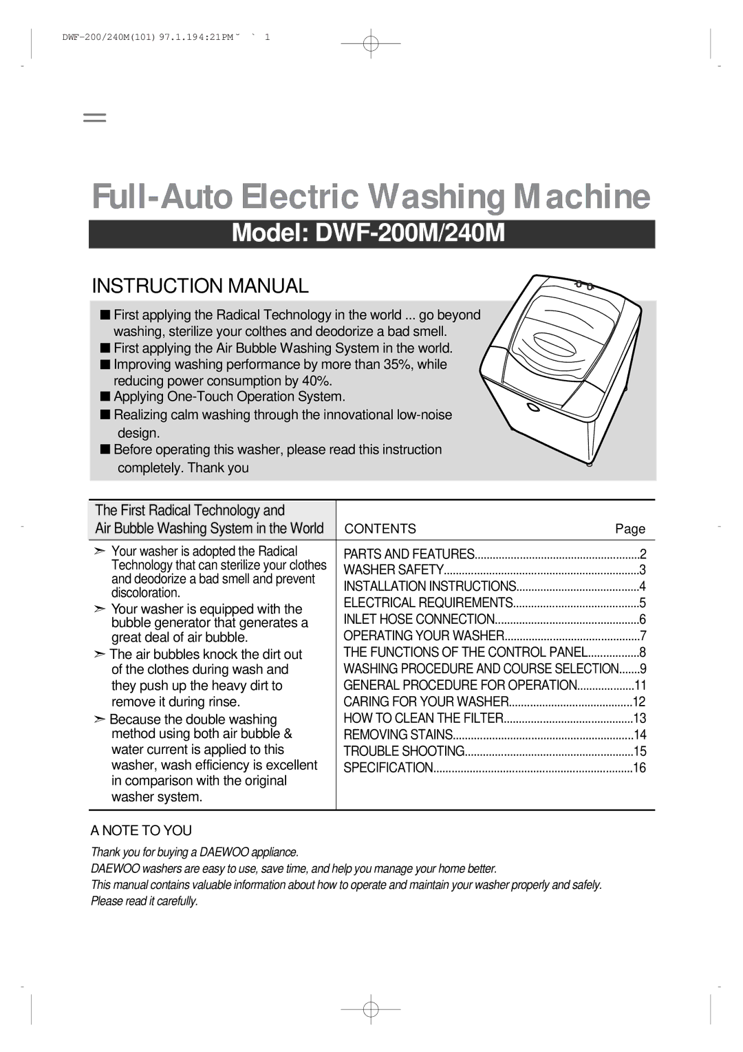 Furuno DWF-240M, DWF-200M instruction manual Full-Auto Electric Washing Machine 