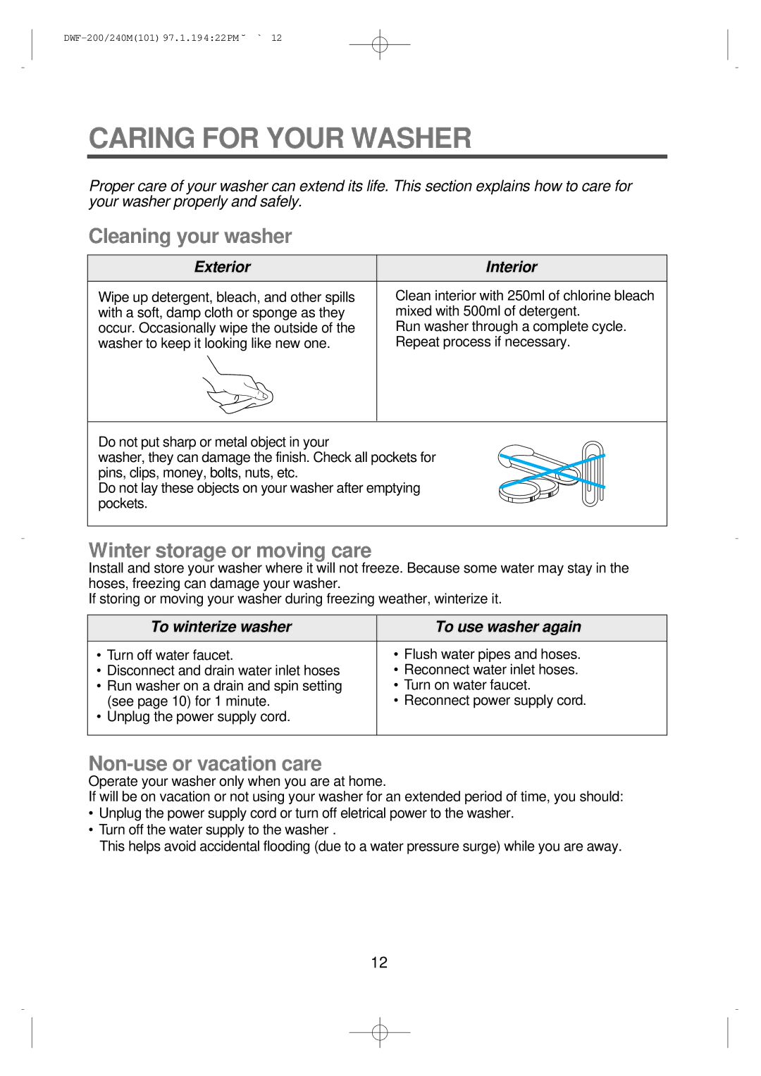 Furuno DWF-200M, DWF-240M instruction manual Caring for Your Washer, Cleaning your washer 