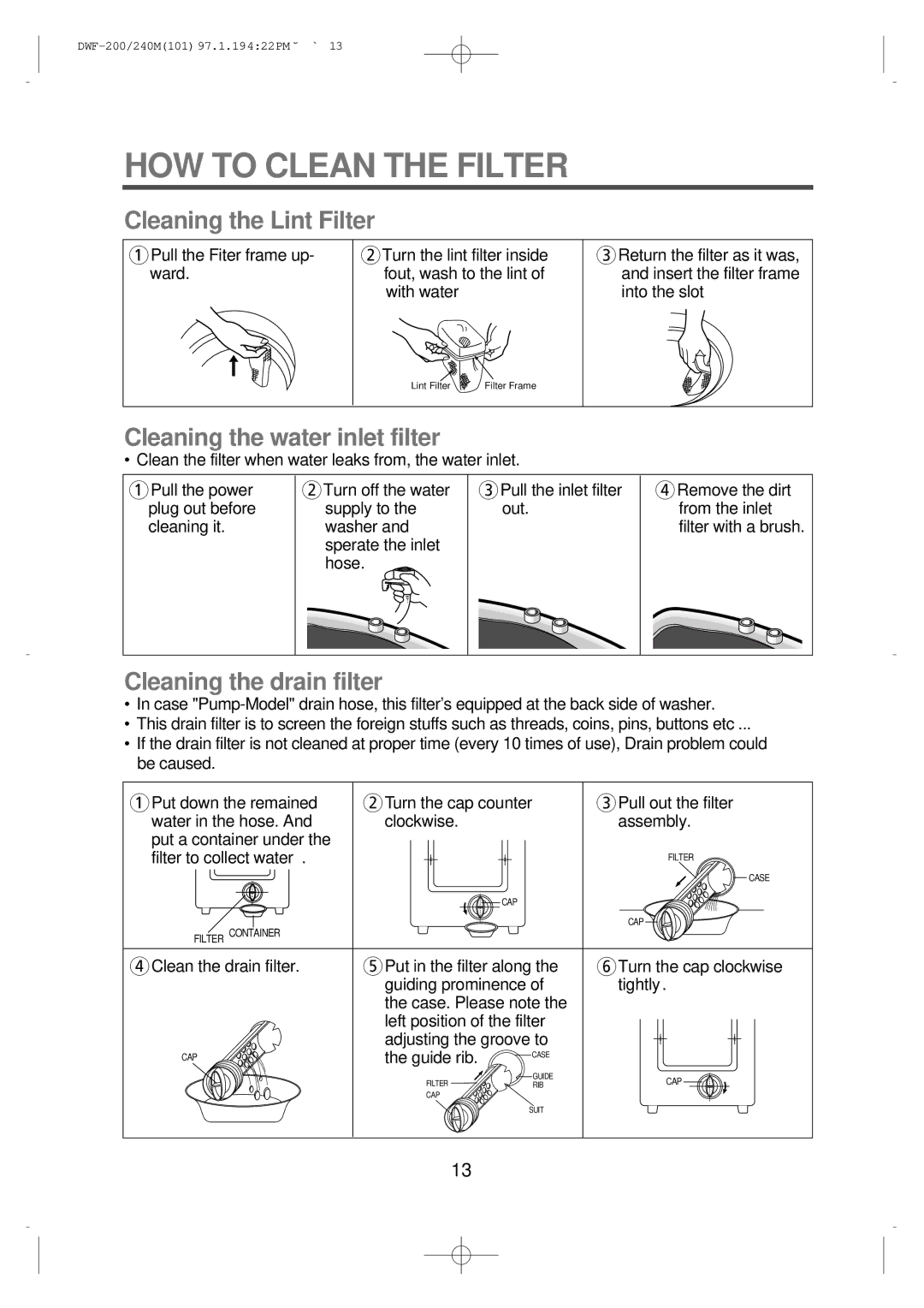 Furuno DWF-240M, DWF-200M instruction manual HOW to Clean the Filter, Cleaning the Lint Filter 