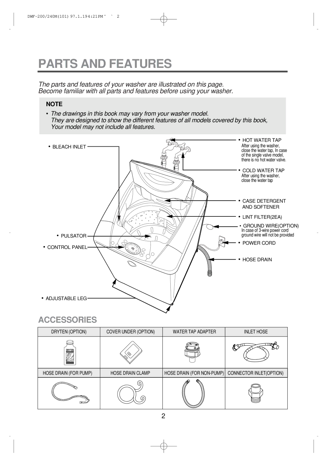 Furuno DWF-200M, DWF-240M instruction manual Parts and Features, Bleach Inlet Pulsator Control Panel HOT Water TAP 