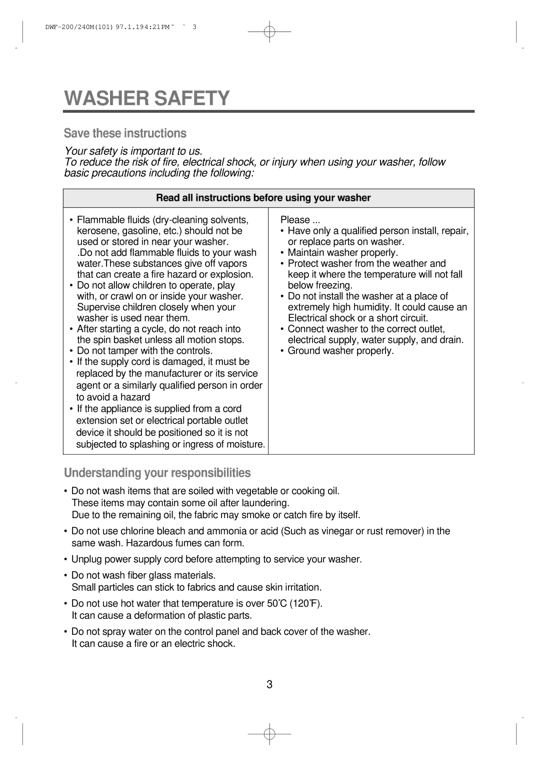 Furuno DWF-240M, DWF-200M instruction manual Washer Safety, Read all instructions before using your washer 