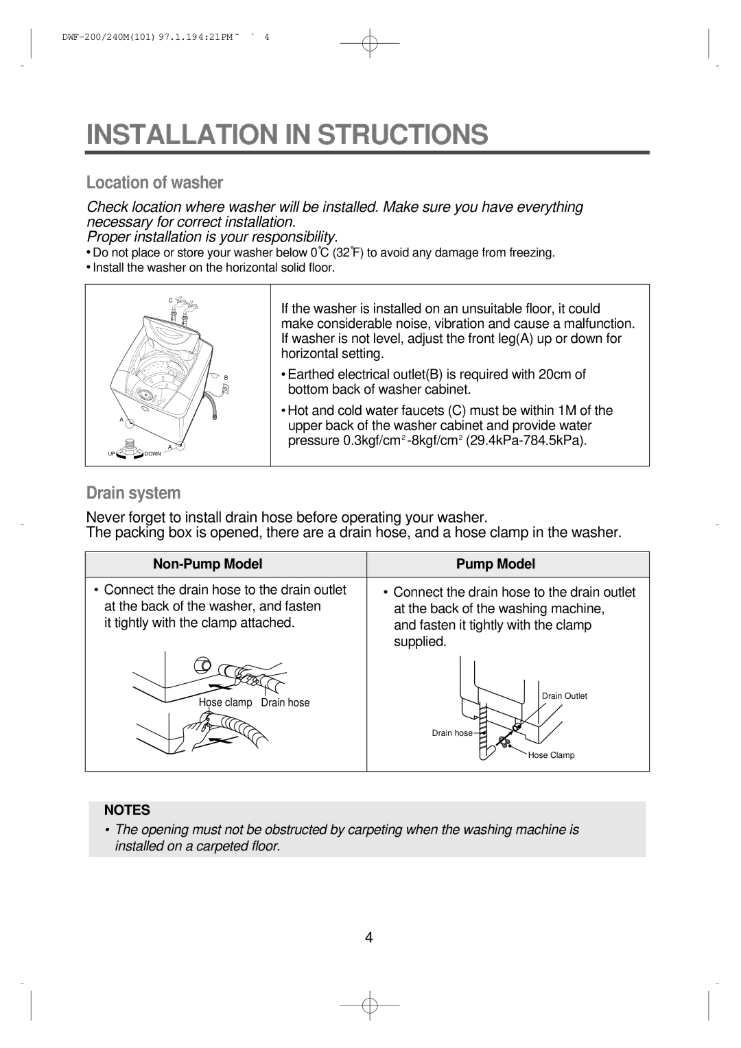 Furuno DWF-200M, DWF-240M instruction manual Installation in Structions, Location of washer 