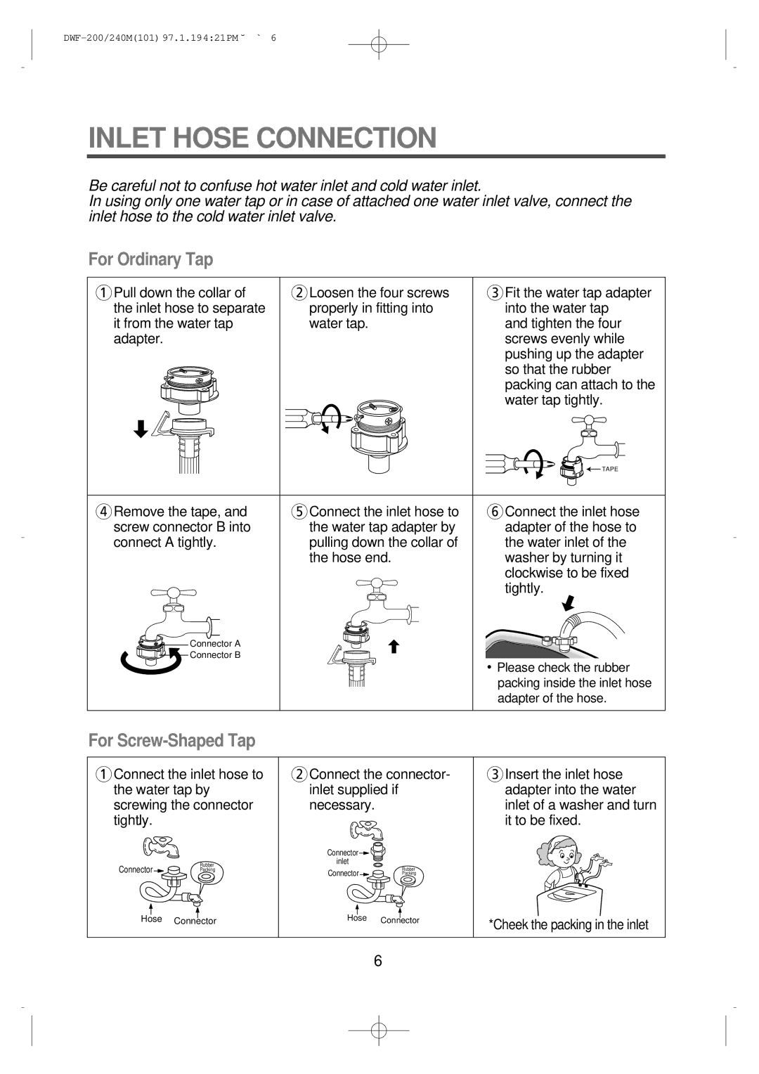 Furuno DWF-200M, DWF-240M instruction manual Inlet Hose Connection, For Ordinary Tap 