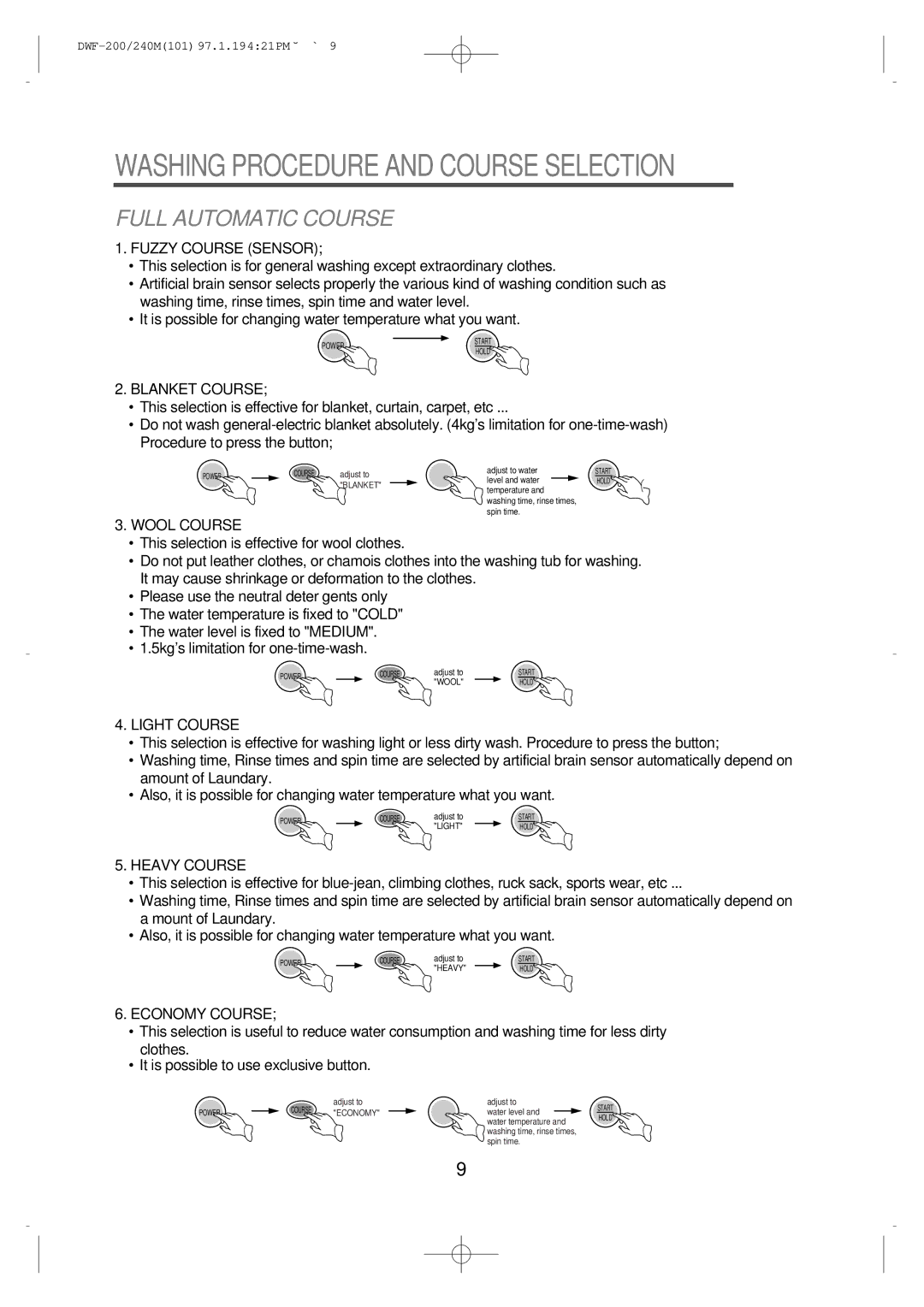 Furuno DWF-240M, DWF-200M instruction manual Washing Procedure and Course Selection 