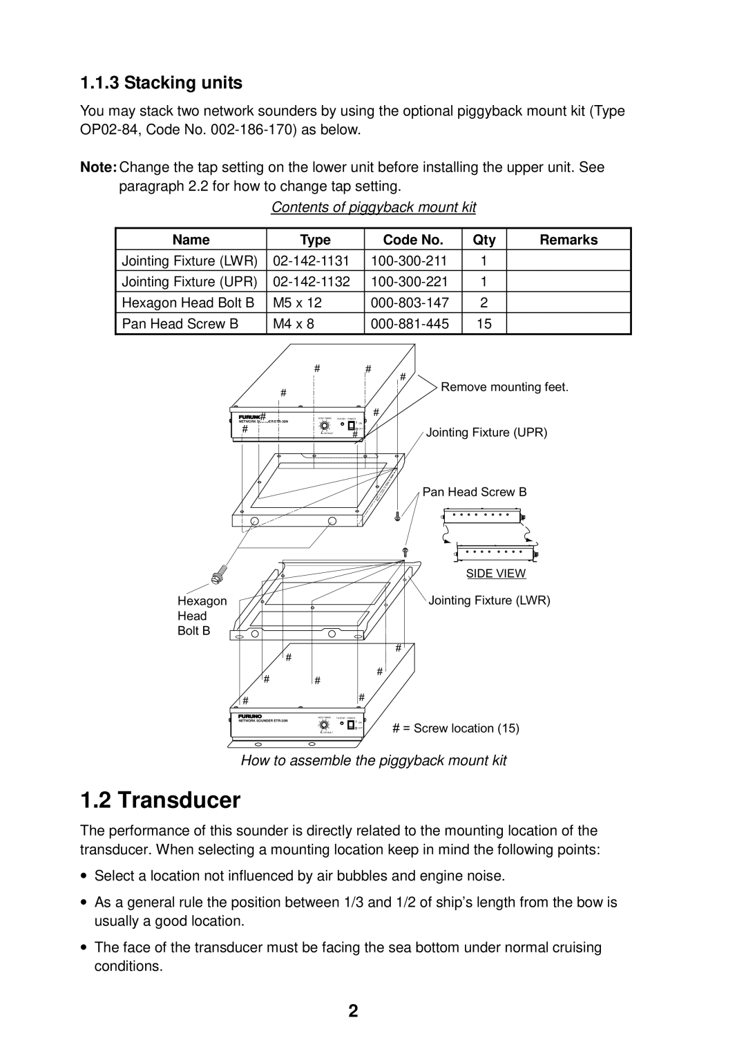 Furuno ETR-30N manual Transducer, Stacking units, Contents of piggyback mount kit, How to assemble the piggyback mount kit 